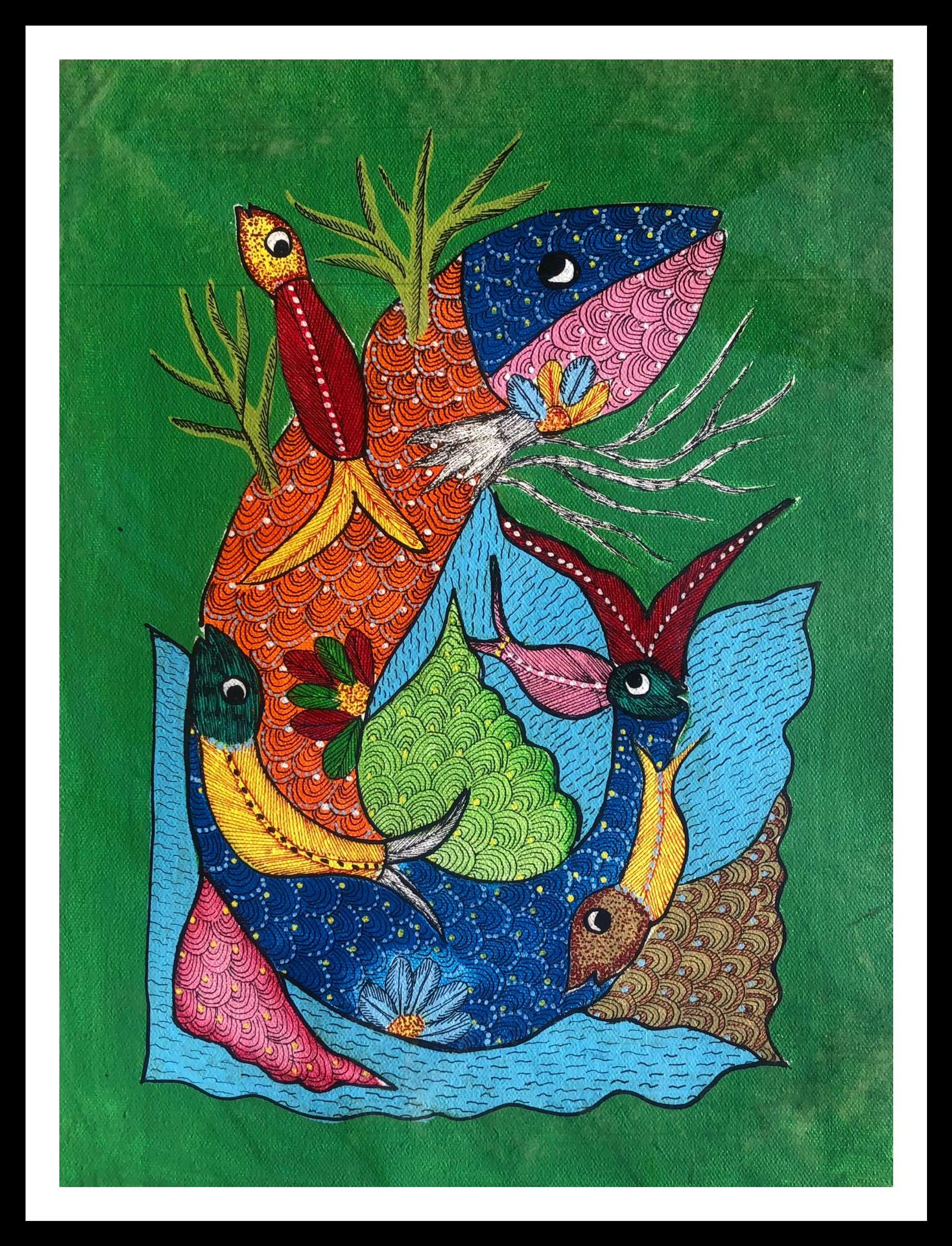 Framed Gond Art Panting of Fish for Home & Office Wall Art Decor