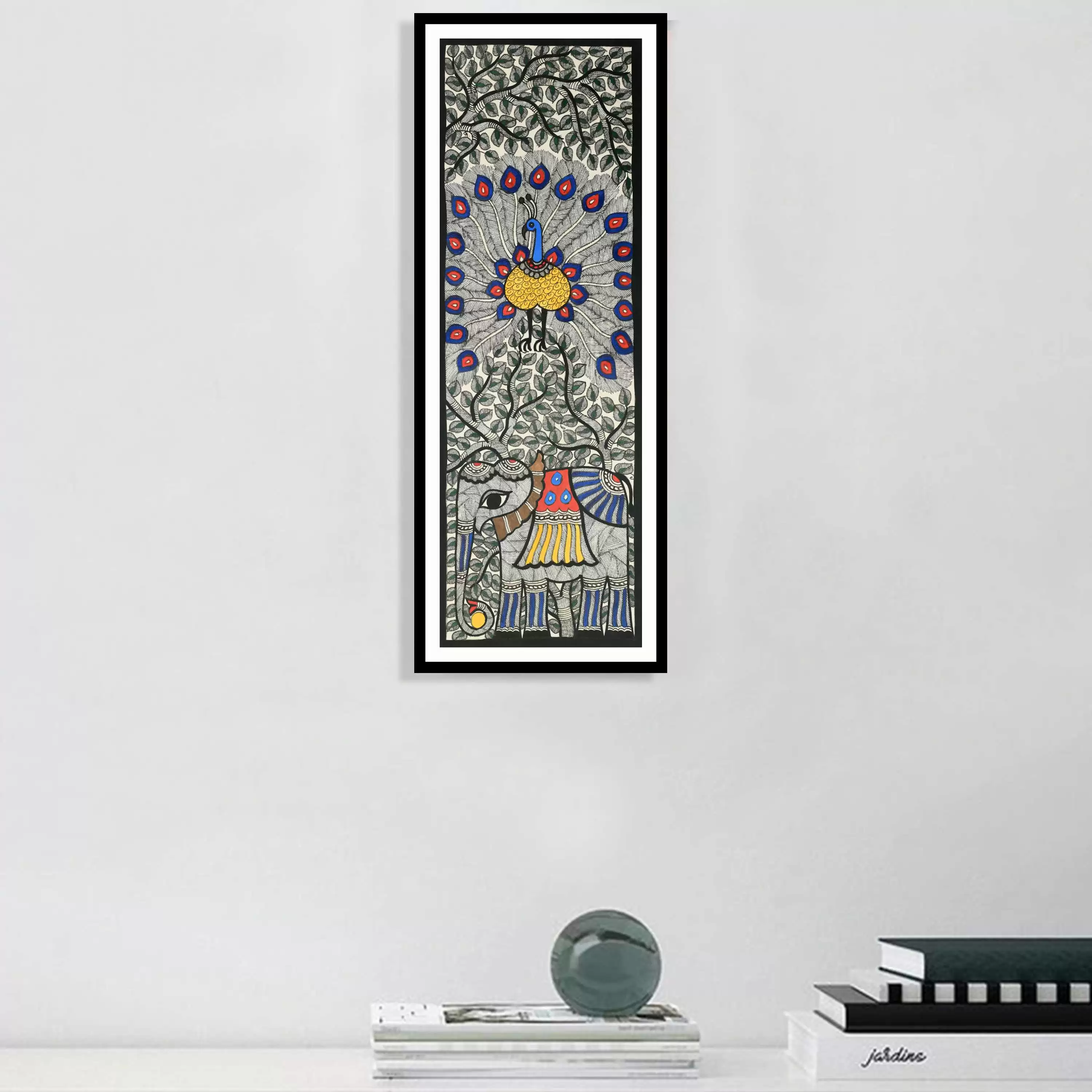 Elephant,Peacock Madhubani Handmade Painting for Home Wall Art Decor