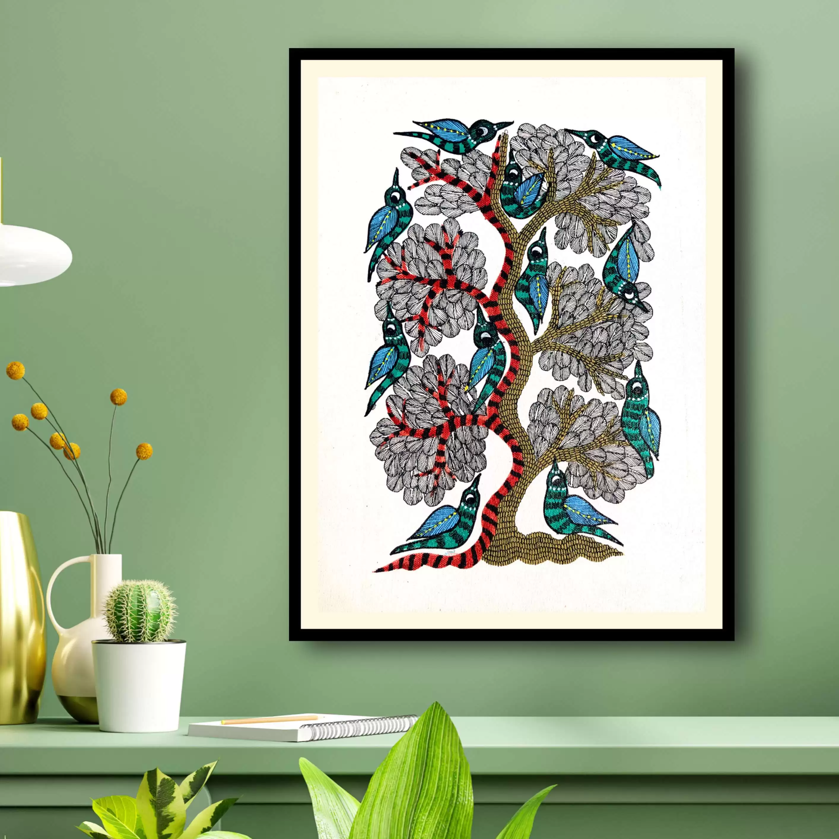Framed Gond Art painting of Tree & Birds  for Home & Office Wall Art Decor