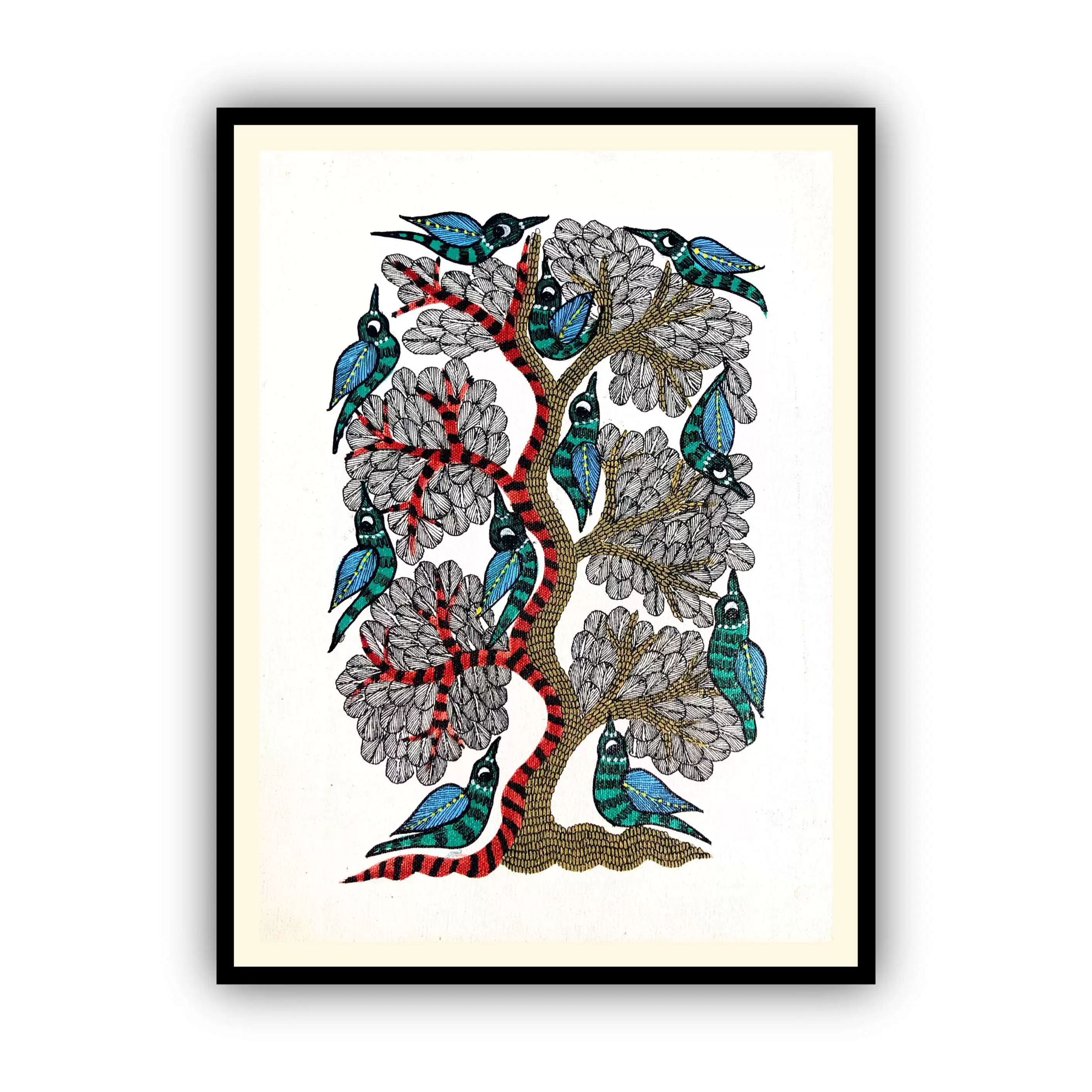 Framed Gond Art painting of Tree & Birds  for Home & Office Wall Art Decor