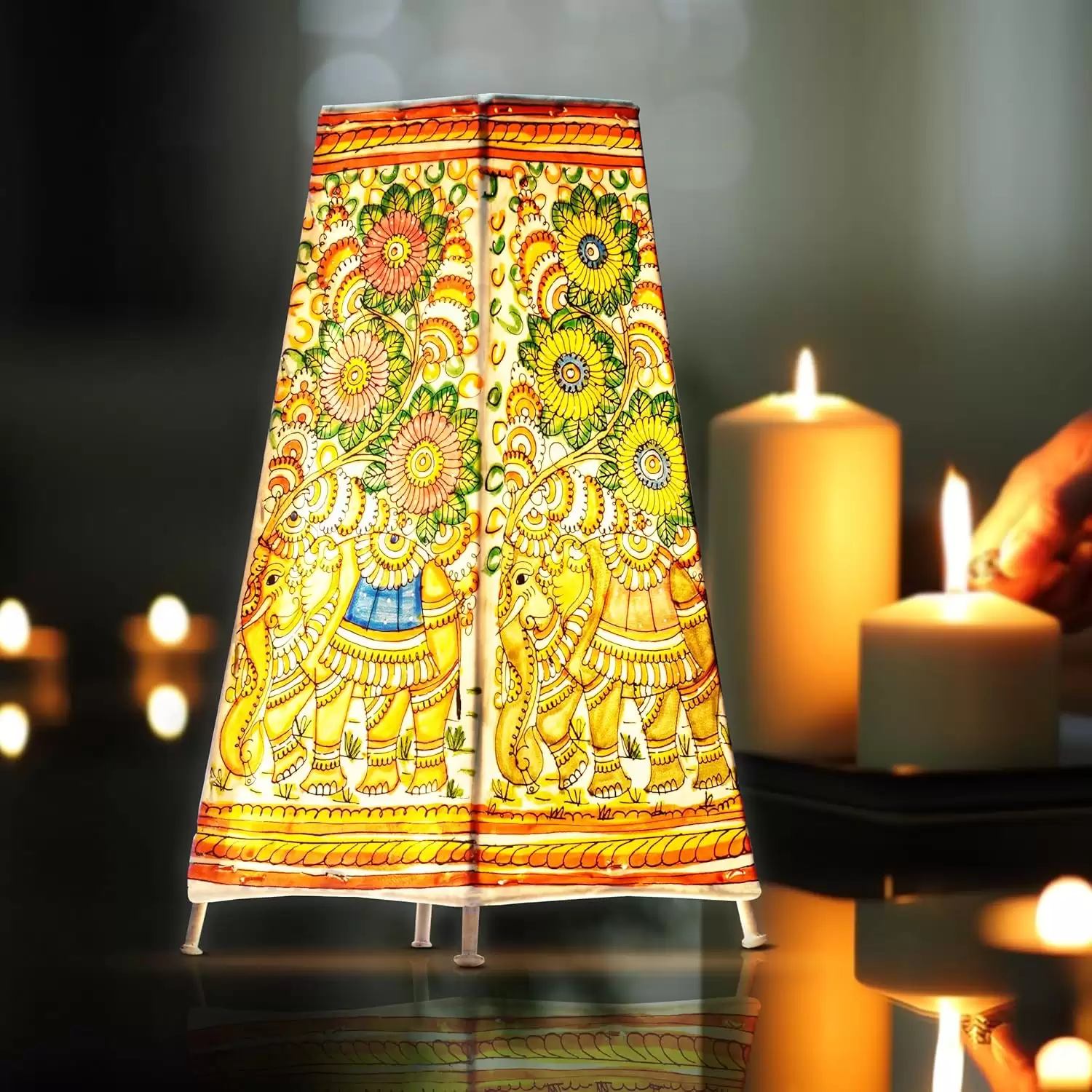 Artdarshan Diwali Gift Andhra Handpainted Leather Lamp - Elephant Design Art | Handmade Leather Tholu Lamp (Size 32.5x15.5 Inches)