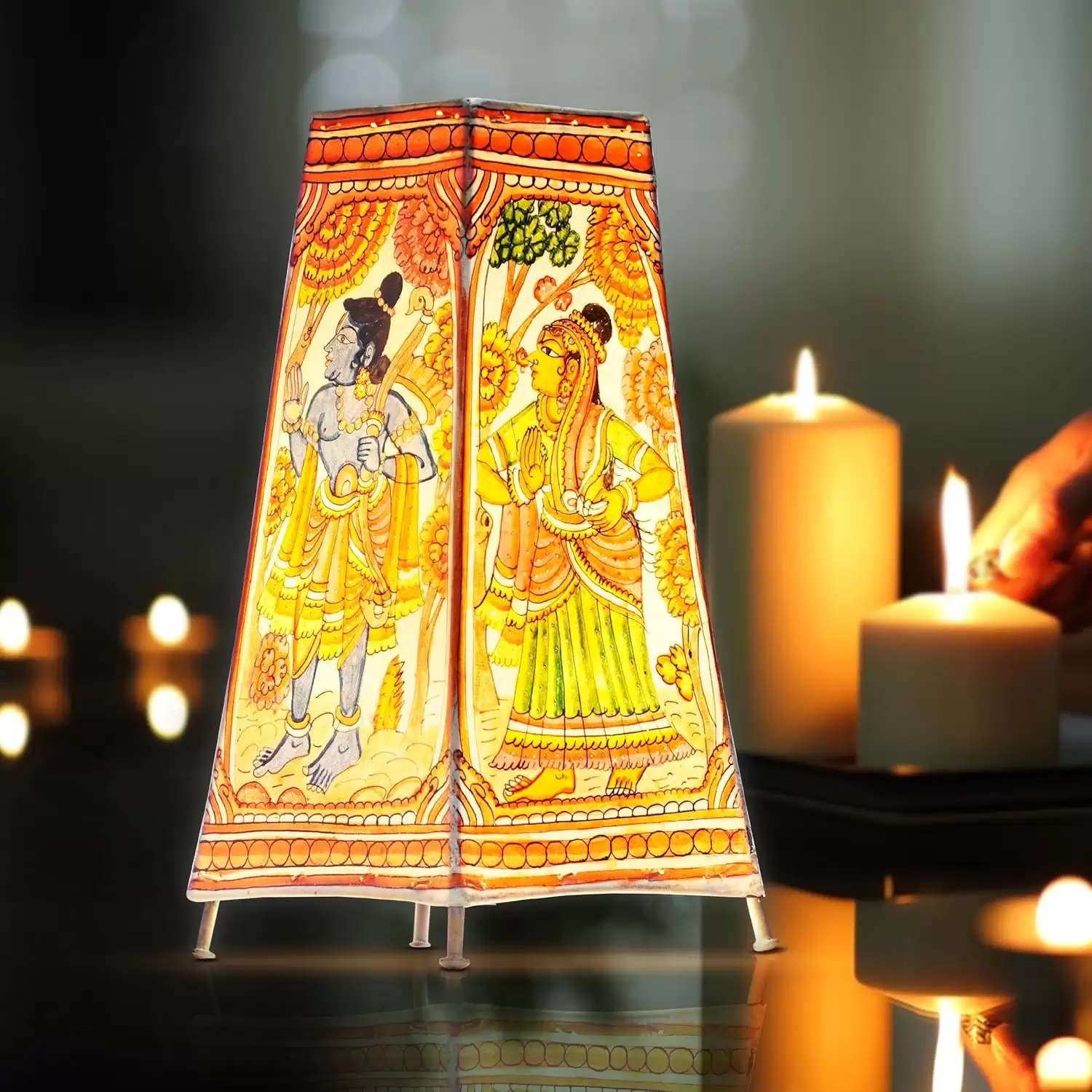 Artdarshan Handcrafted Leather Lamp shade | Handmade Table Lamp for home decoration | bedside night & desk lamp for bedroom & living room | Designer table lamp - Sita Ram Art - (32.5x15.5 CM)