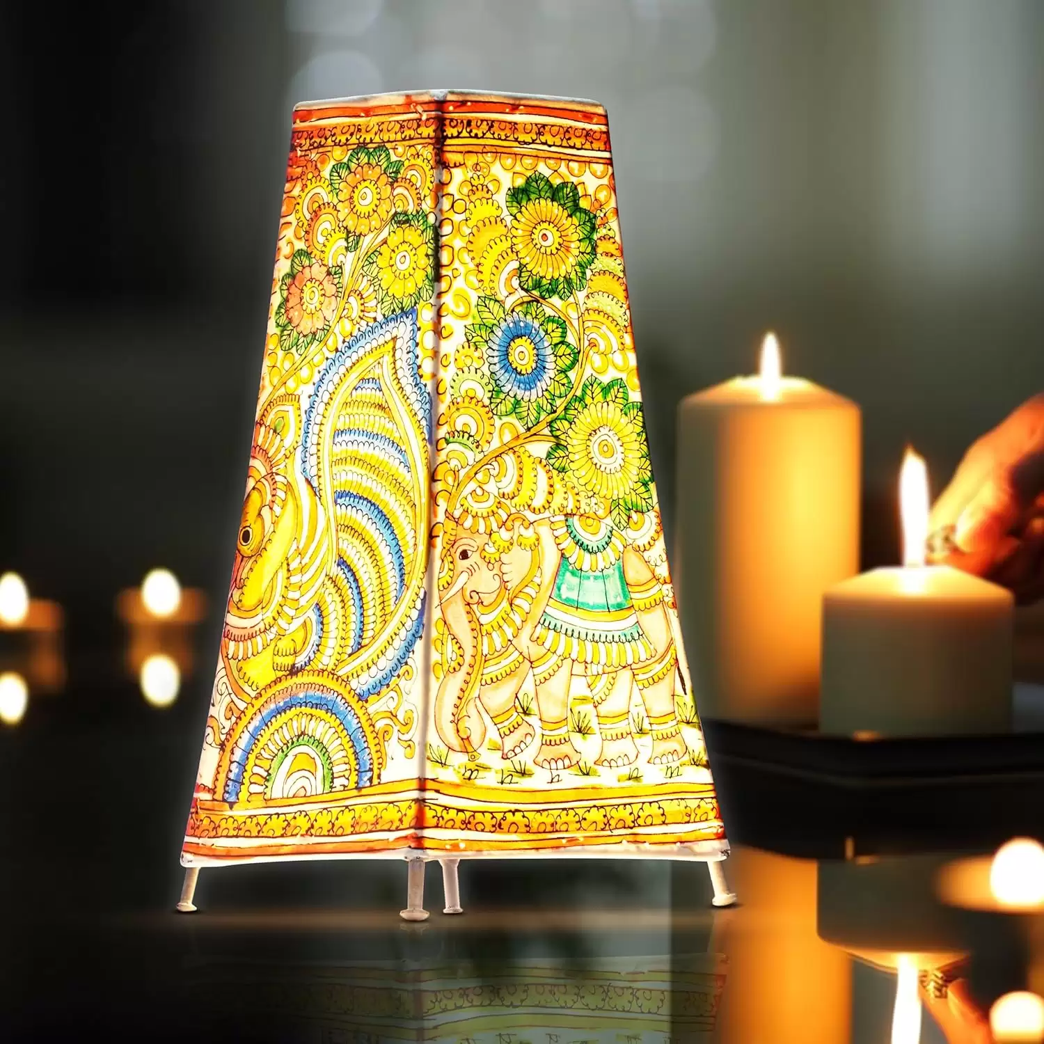 Artdarshan Handcrafted Leather Lamp shade | Handmade Table Lamp for home decoration | bedside night & desk lamp for bedroom & living room | Designer table lamp - Elephant & Peacock - (15.5x32.5 cm)