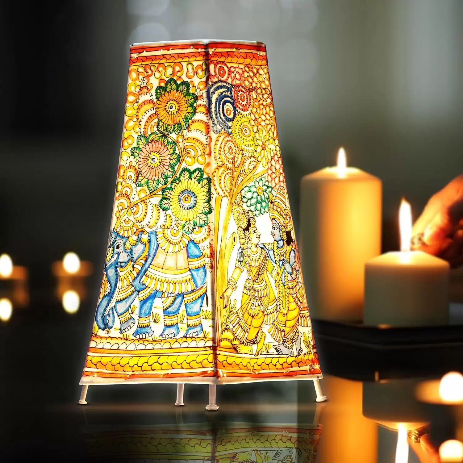 Artdarshan Handcrafted Leather Lamp shade | Handmade Table Lamp for home decoration | bedside night & desk lamp for bedroom & living room | Designer table lamp - Radha Krishna Art, Size 32.5x15.5 cm