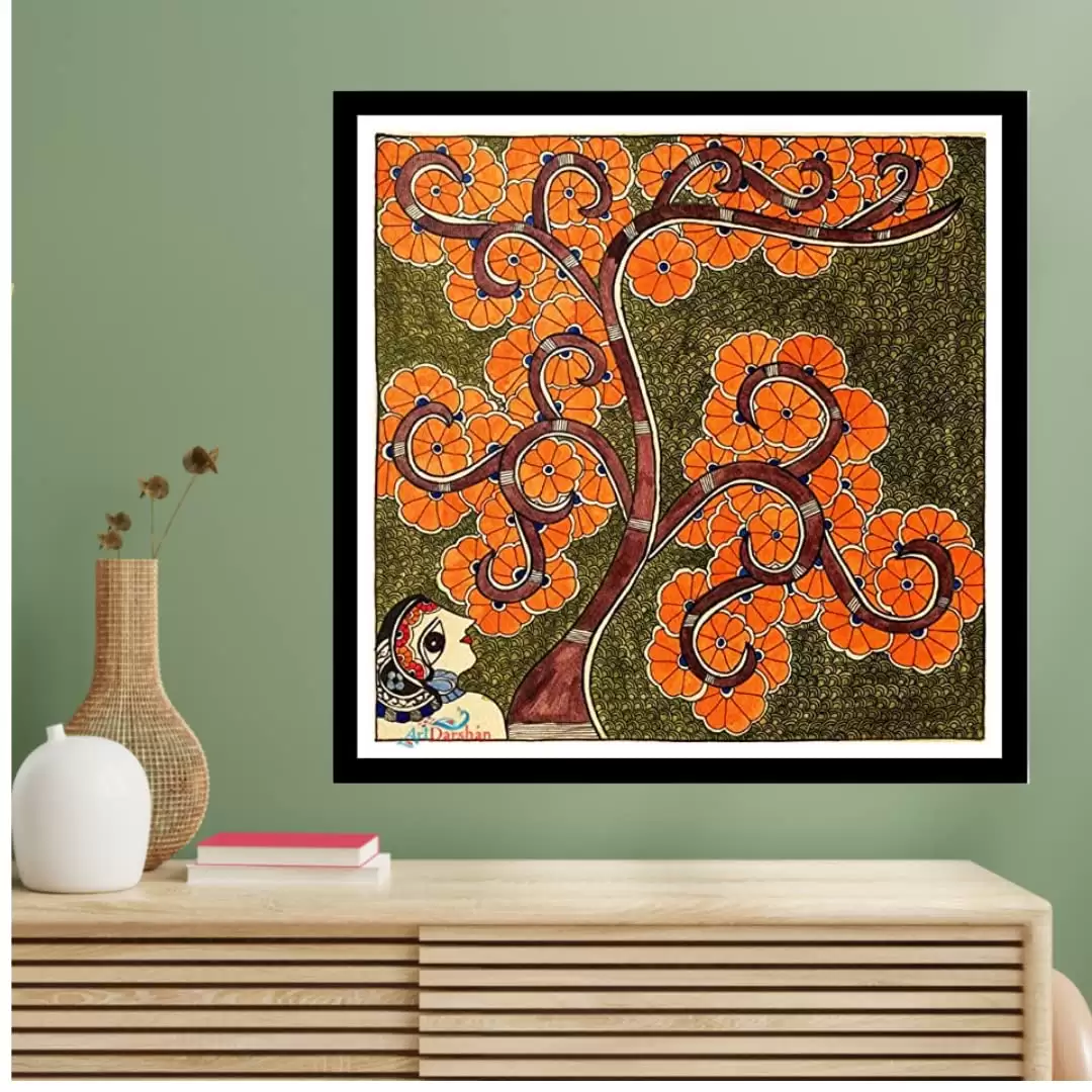 Artdarshan Madhubani Art Painting for Home Decoration Madhubani Paintings for Living room | Madhubani Framed Handmade Traditional Paintings | Size - 14 x 14 Inches