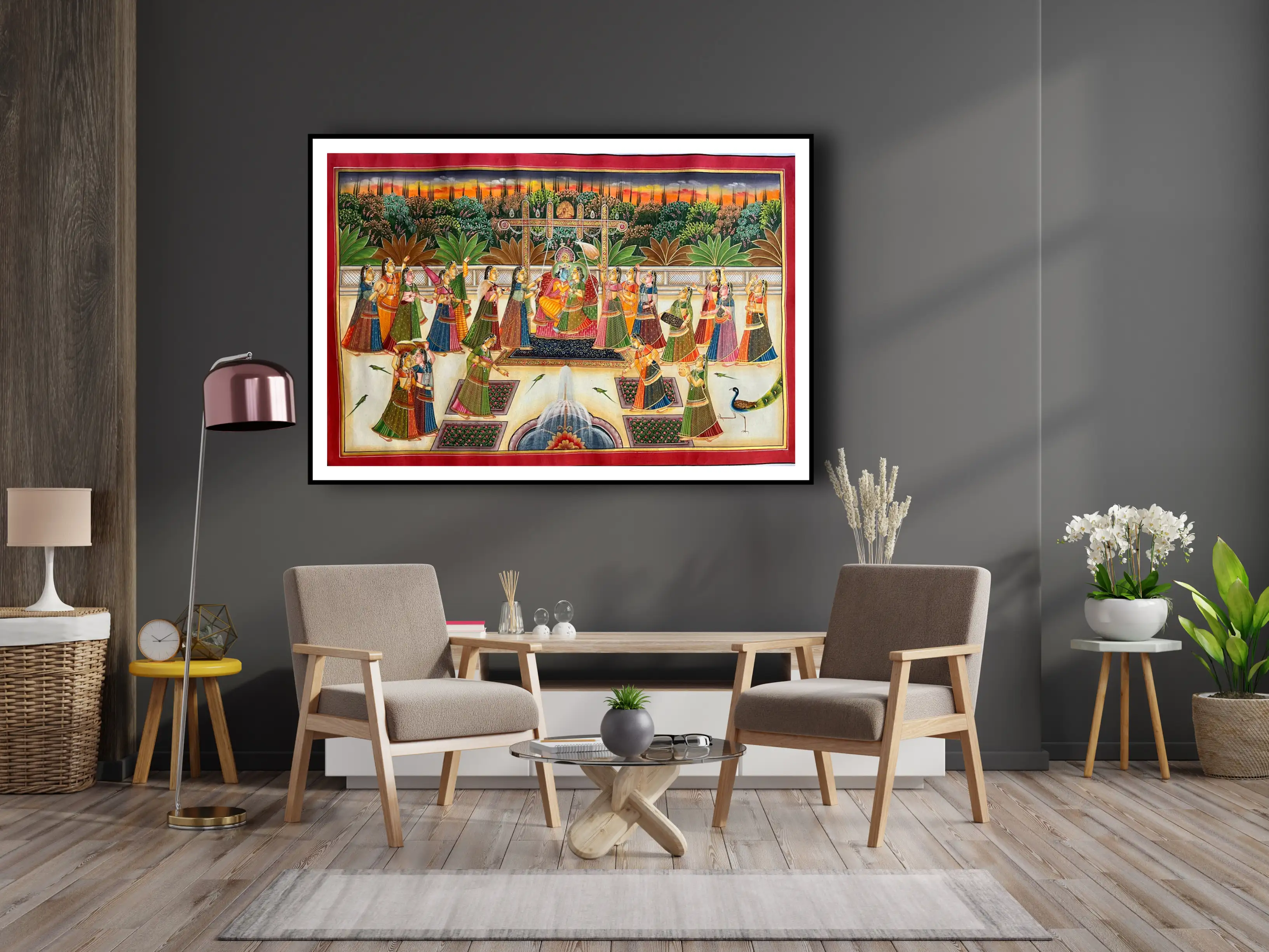 Pichwai Art – Handmade Painting of Radha Krishna on Swing with Gopis in Garden | Traditional Indian Wall Décor