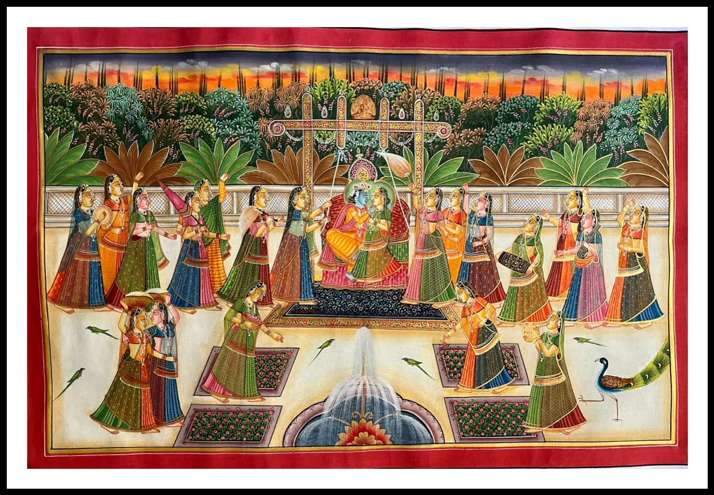 Pichwai Art – Handmade Painting of Radha Krishna on Swing with Gopis in Garden | Traditional Indian Wall Décor