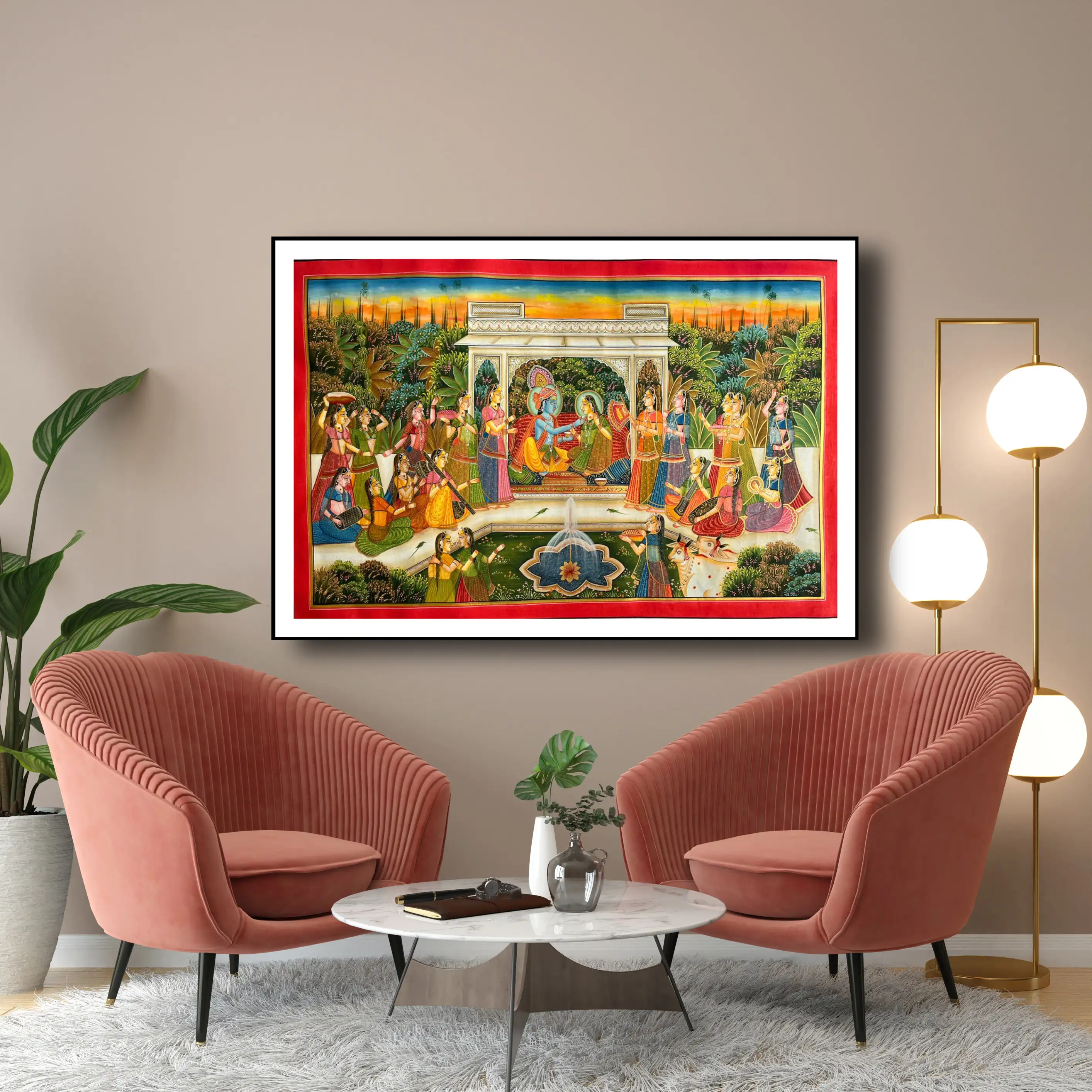 Pichwai Art – Handmade Painting of Radha Krishna with Gopis in Pavilion | Traditional Indian Wall Décor
