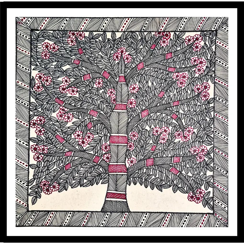 Handmade Madhubani Tree & Flower Painting – Traditional Mithila Folk Art
