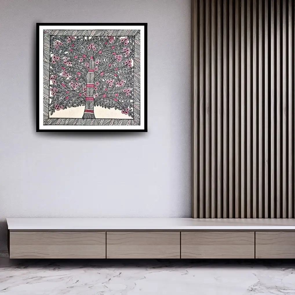 Handmade Madhubani Tree & Flower Painting – Traditional Mithila Folk Art