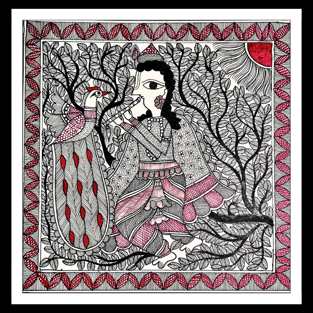 Handmade Madhubani Krishna & Peacock Painting – Traditional Mithila Folk Art