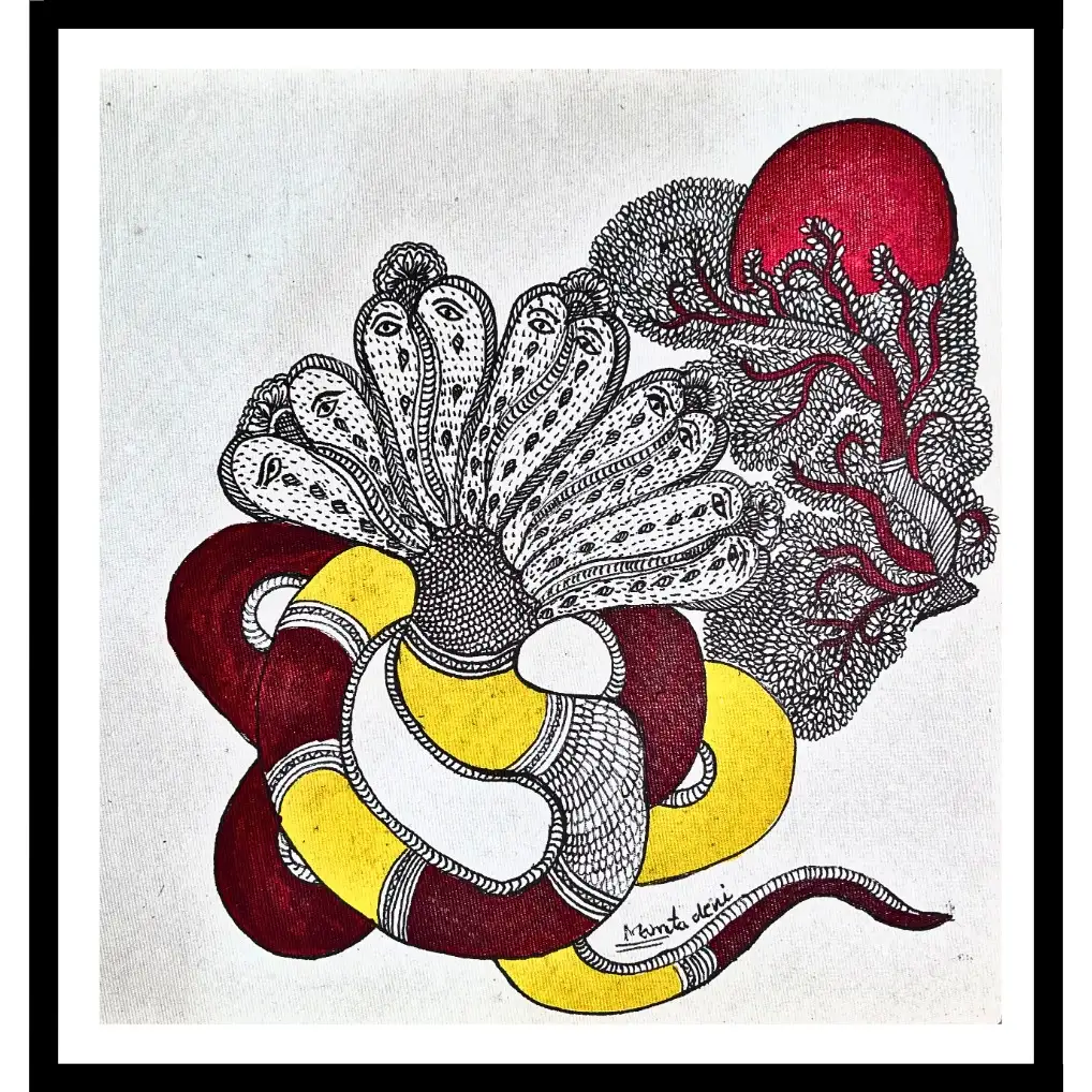 Madhubani Sheshnag Painting – Traditional Mithila Folk Art in Red & Yellow