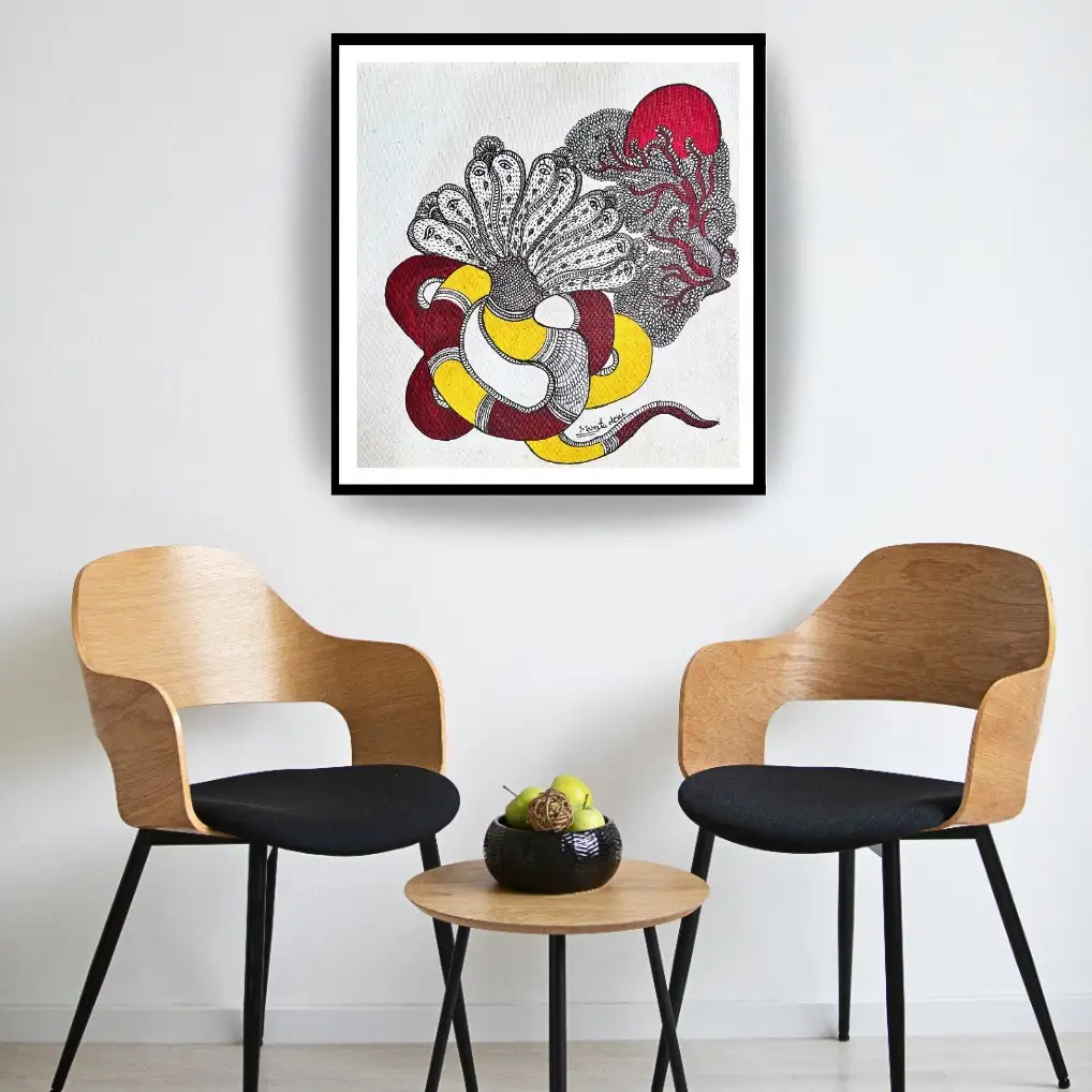 Madhubani Sheshnag Painting – Traditional Mithila Folk Art in Red & Yellow