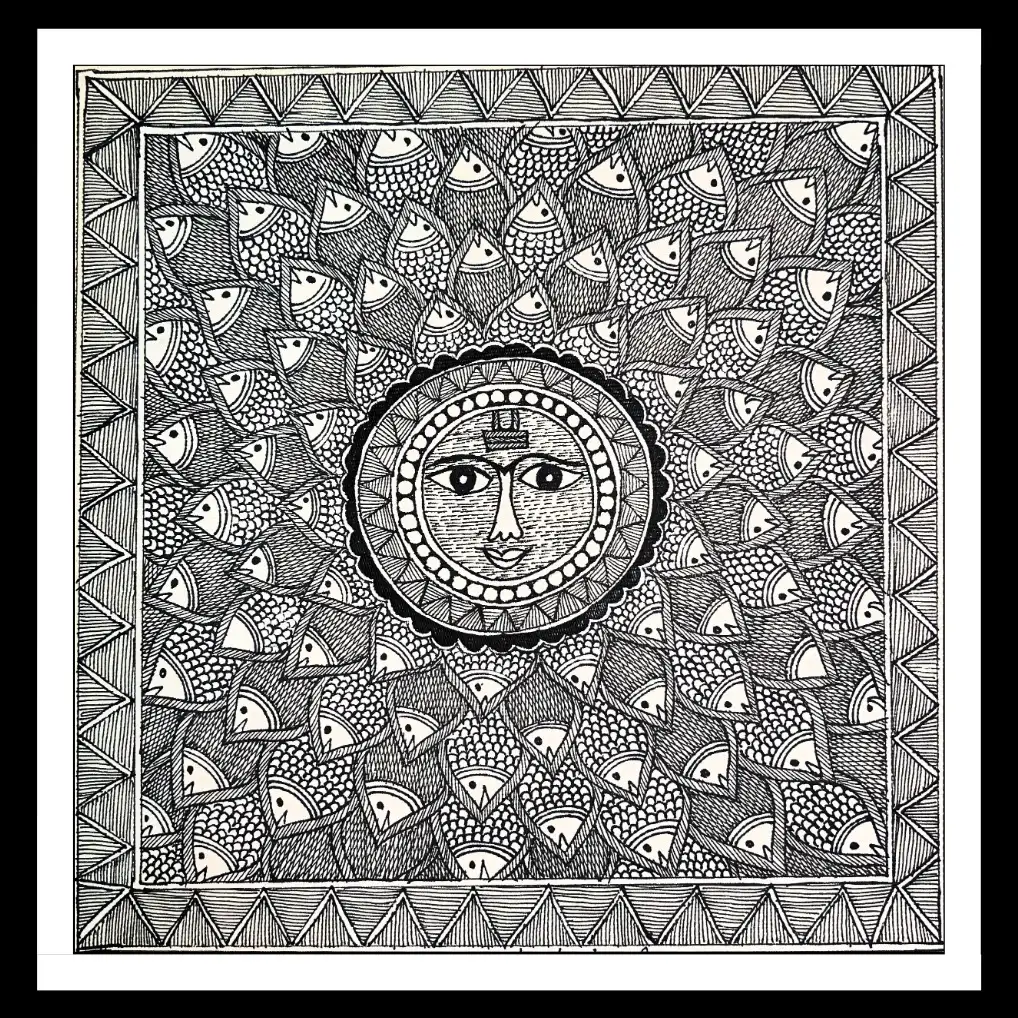 Madhubani Sun God Painting – Surya with Fish Motifs | Traditional Mithila Folk Art