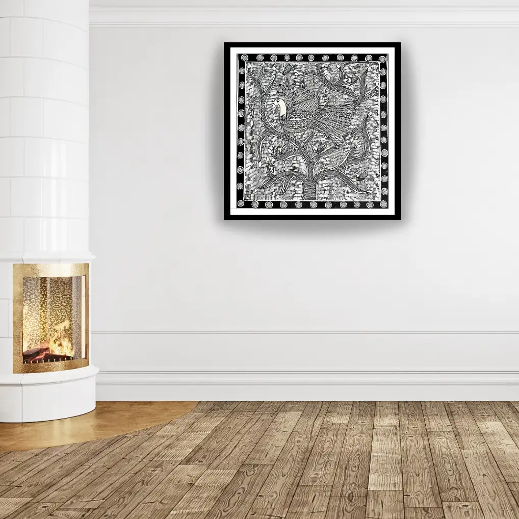 Handmade Madhubani Peacock on Tree Painting – Traditional Mithila Folk Art