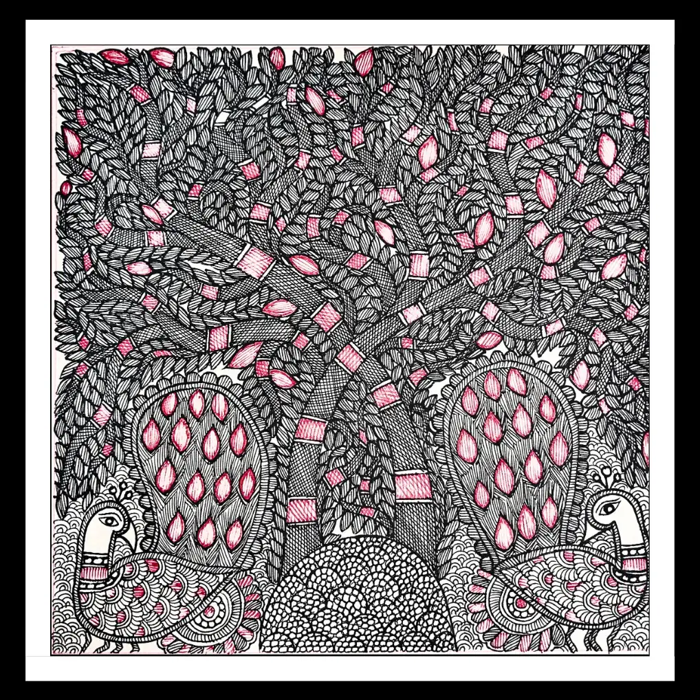 Handmade Madhubani Tree with Peacocks Painting – Traditional Mithila Folk Art