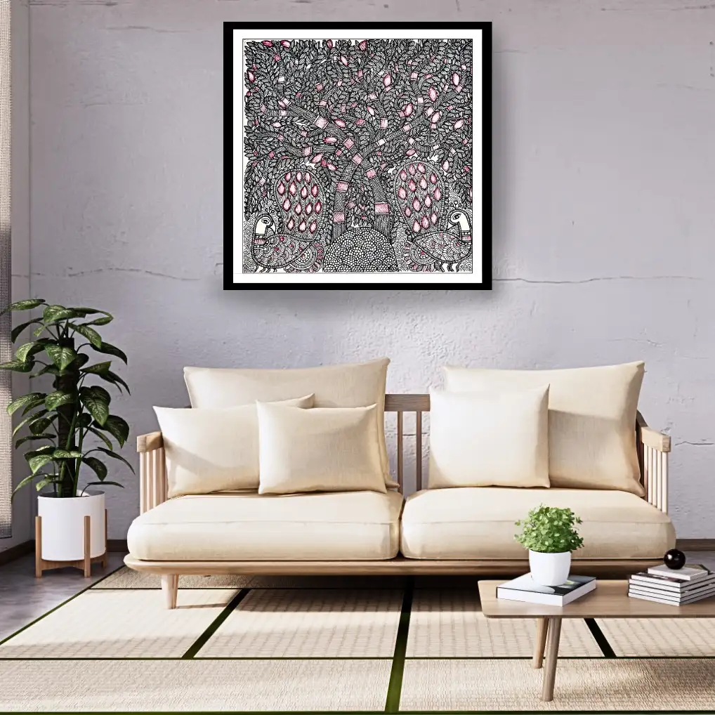 Handmade Madhubani Tree with Peacocks Painting – Traditional Mithila Folk Art