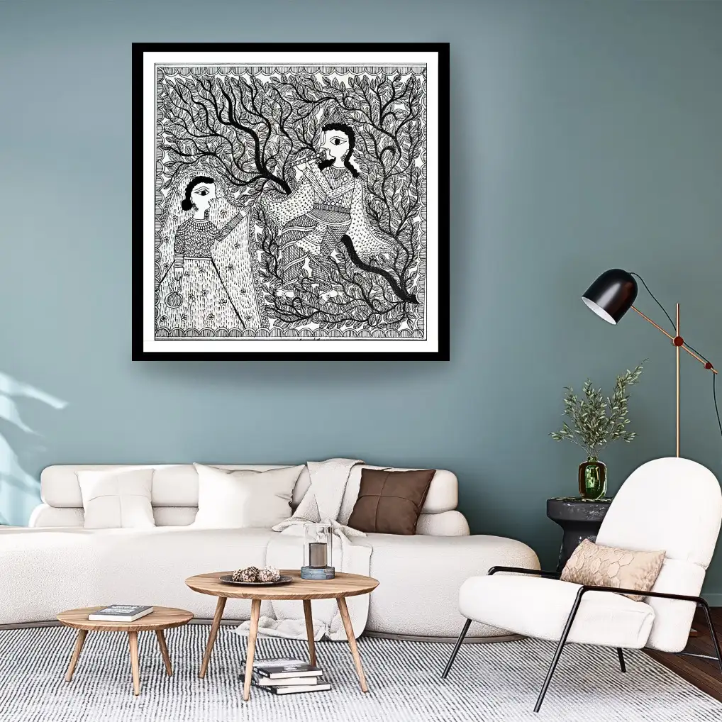 Handmade Madhubani Radha Krishna Painting – Traditional Mithila Folk Art