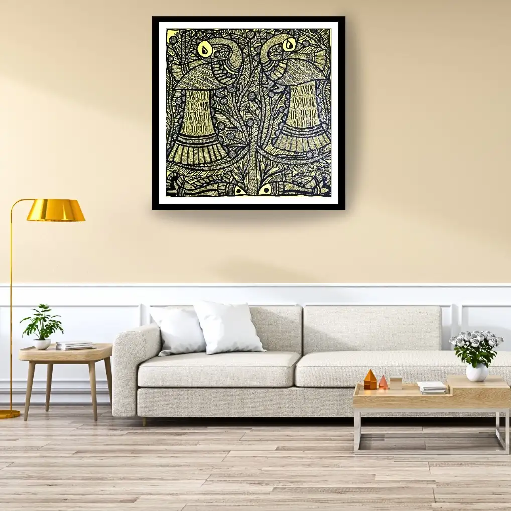 Handmade Madhubani Peacock Couple Painting – Traditional Mithila Folk Art