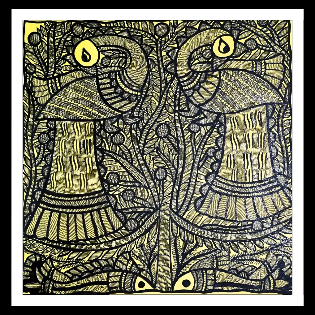 Handmade Madhubani Peacock Couple Painting – Traditional Mithila Folk Art