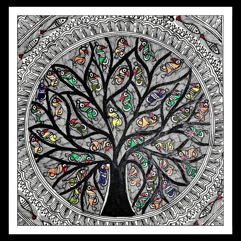 Madhubani Tree of Life Painting – Traditional Mithila Folk Art with Fish Motifs
