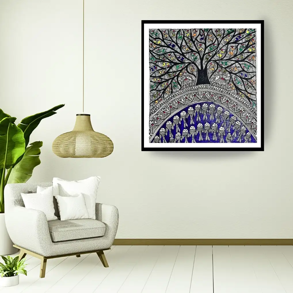 Handmade Madhubani Tree & Fishes Painting – Symbol of Growth, Prosperity & Harmony