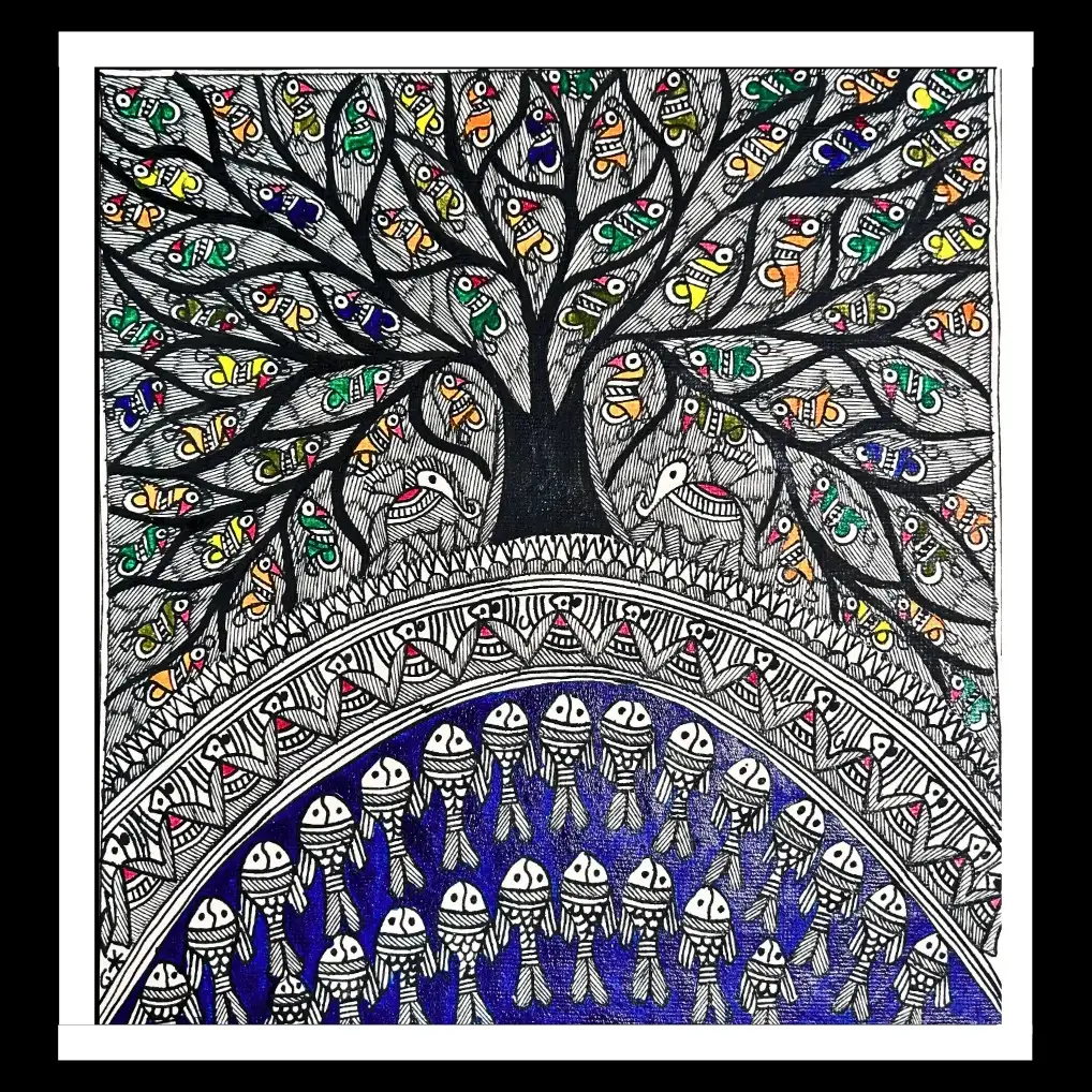 Handmade Madhubani Tree & Fishes Painting – Symbol of Growth, Prosperity & Harmony