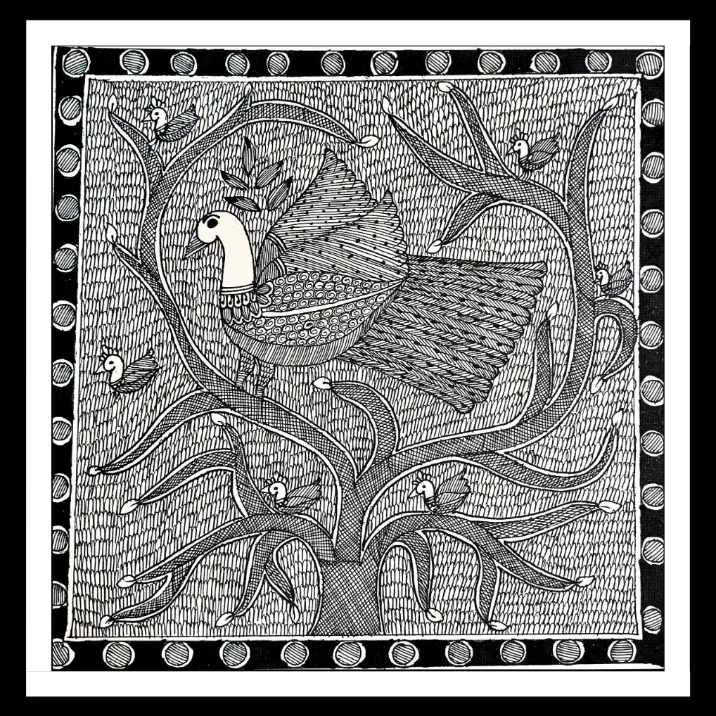 Madhubani Peacock Painting – Traditional Mithila Folk Art in Tree Motif