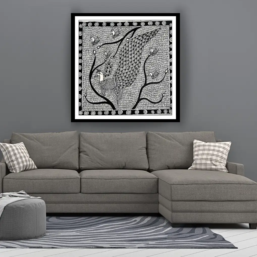 Madhubani Peacock Painting – Traditional Mithila Folk Art in Tree Motif