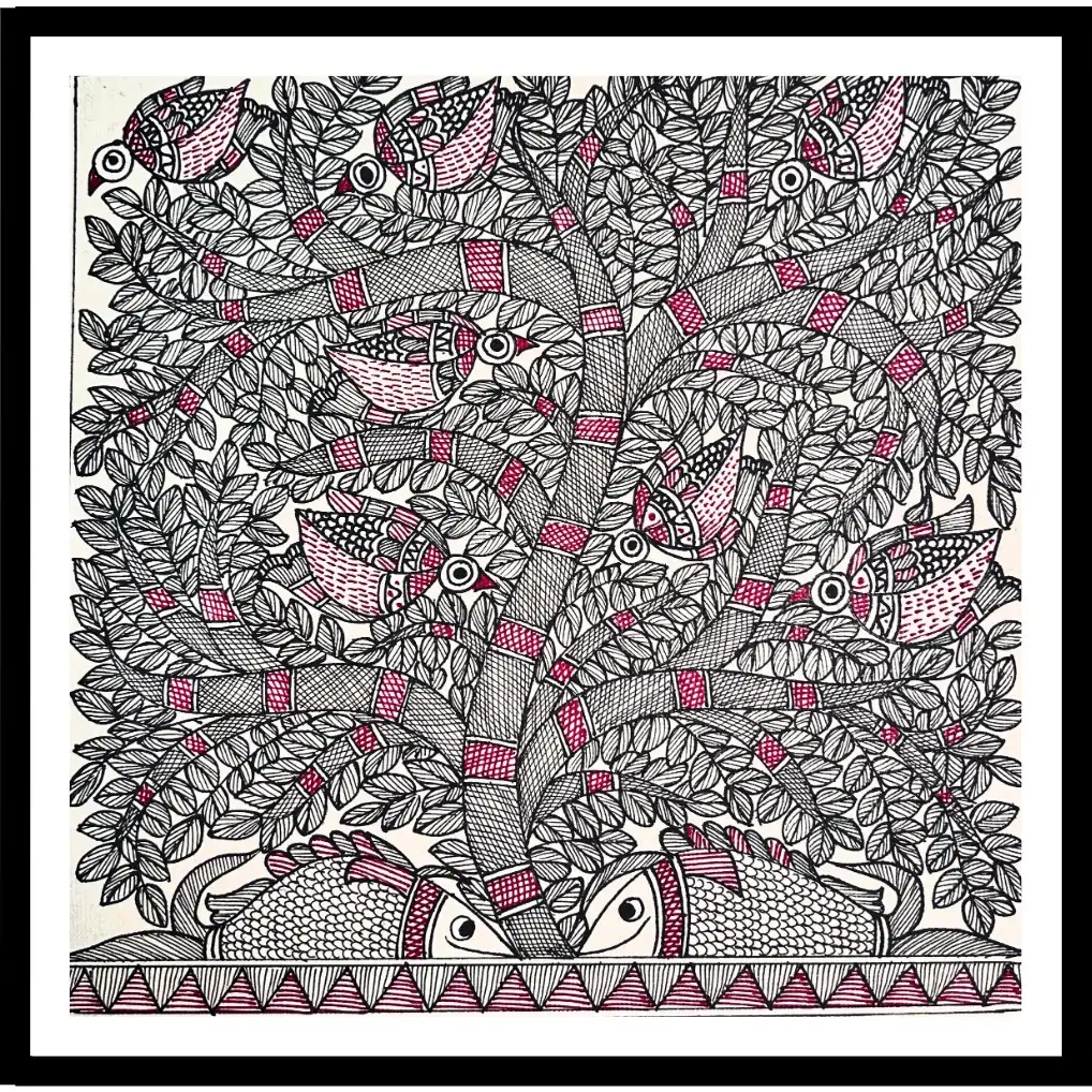 Handmade Madhubani Fish Couple & Tree Painting – Symbol of Love, Growth & Prosperity