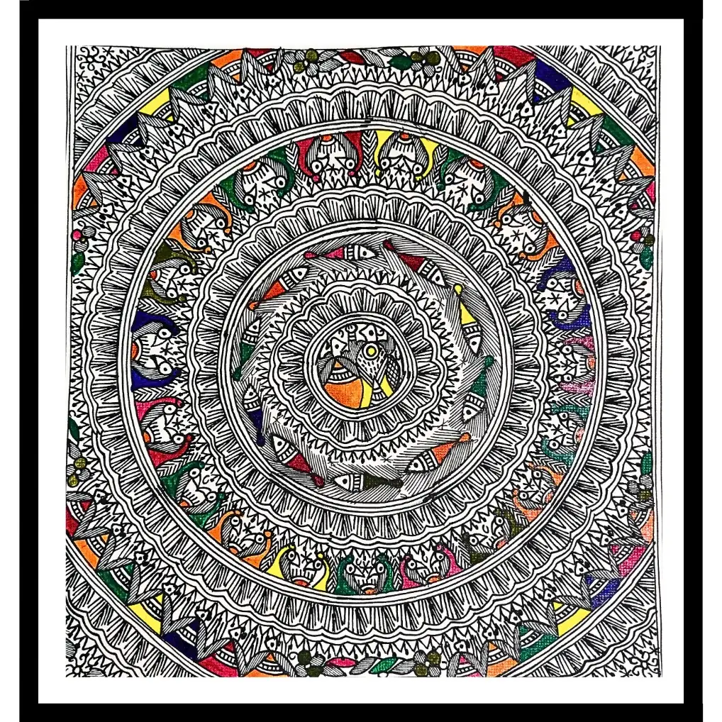 Artdarshan Handmade Madhubani Fish Chain Painting | Traditional Mithila Art Wall Décor for Home & Office