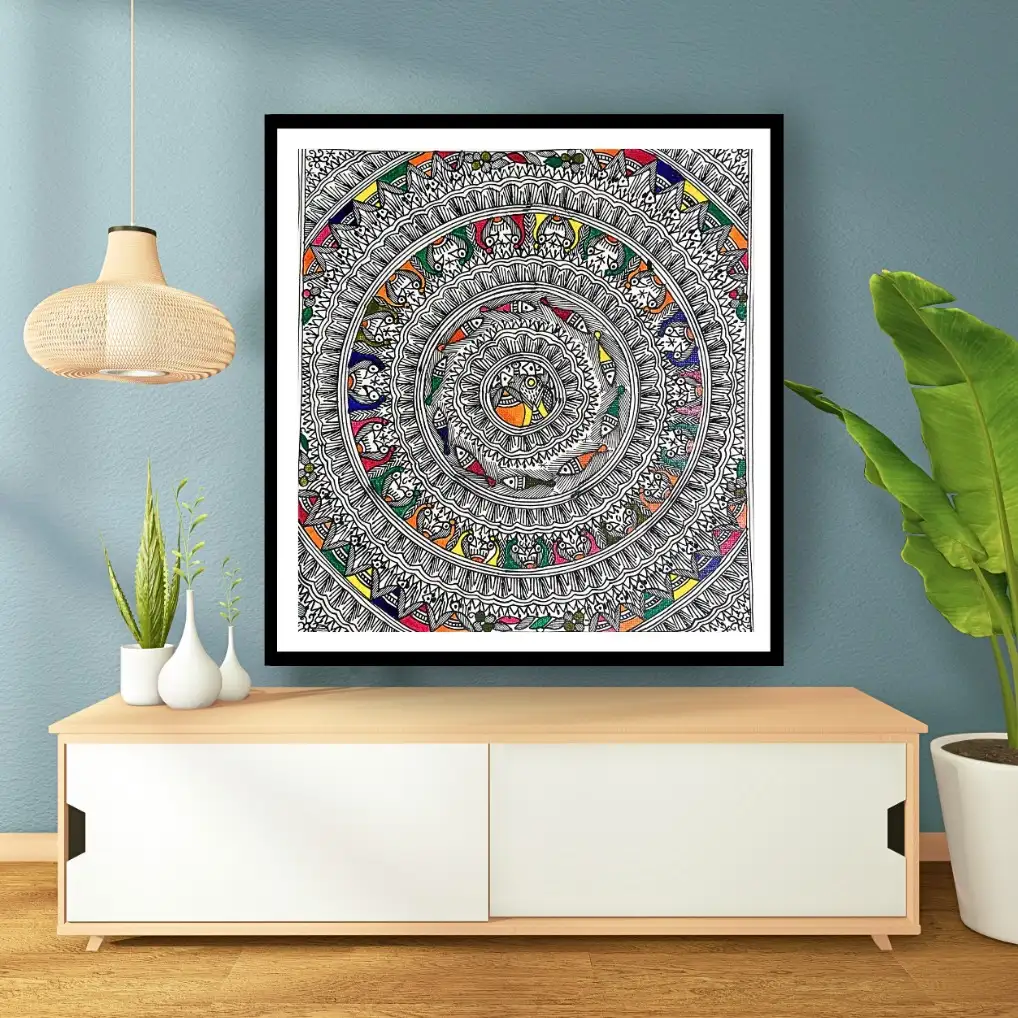 Artdarshan Handmade Madhubani Fish Chain Painting | Traditional Mithila Art Wall Décor for Home & Office