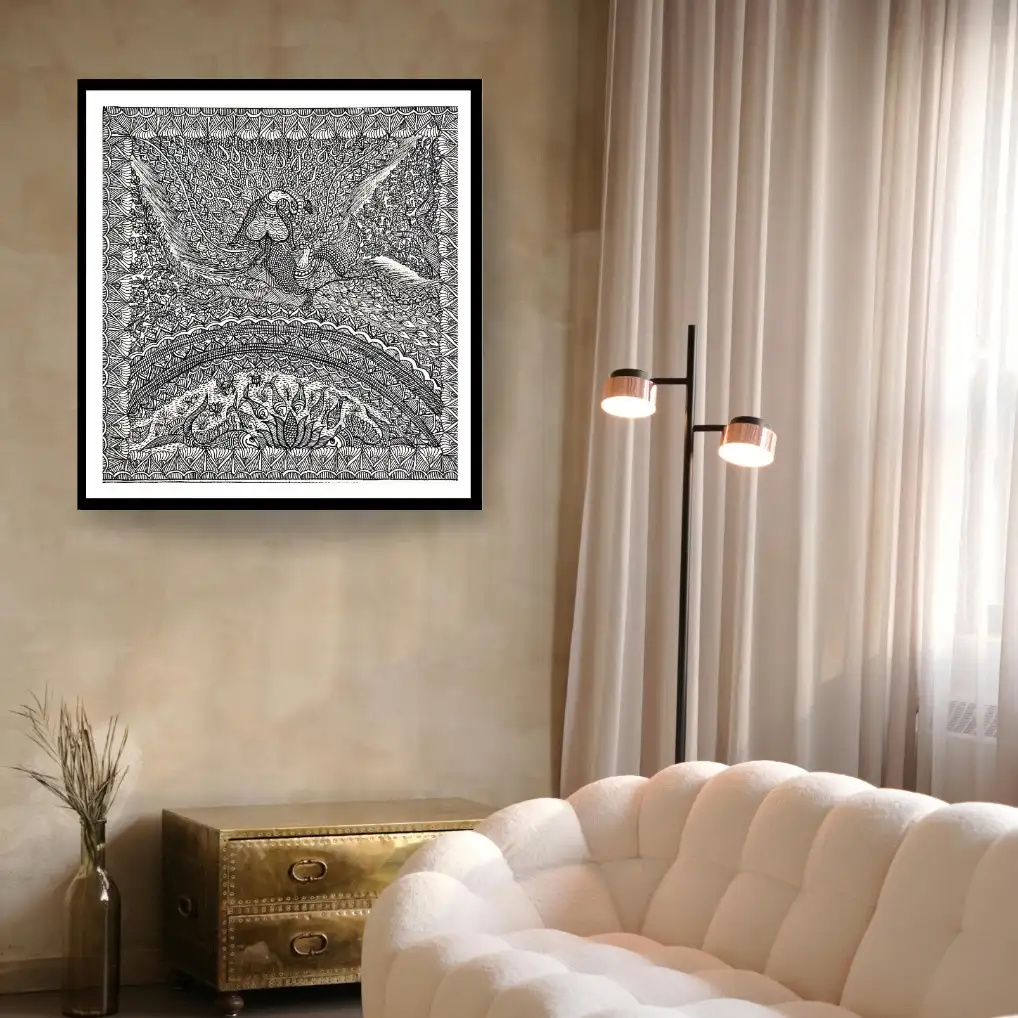 Artdarshan Handmade Madhubani Peacock & Fishes Painting | Traditional Mithila Art Wall Décor for Home & Office