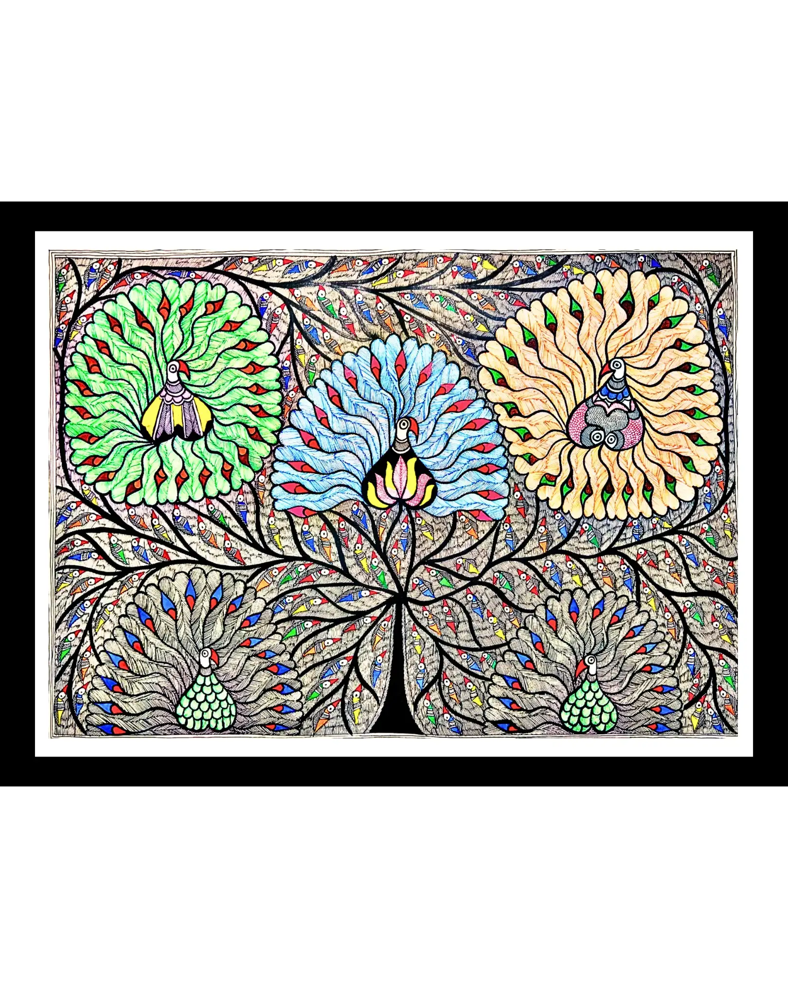 Tree & Peacocks Handmade Mithila Painting – Traditional Madhubani Folk Art