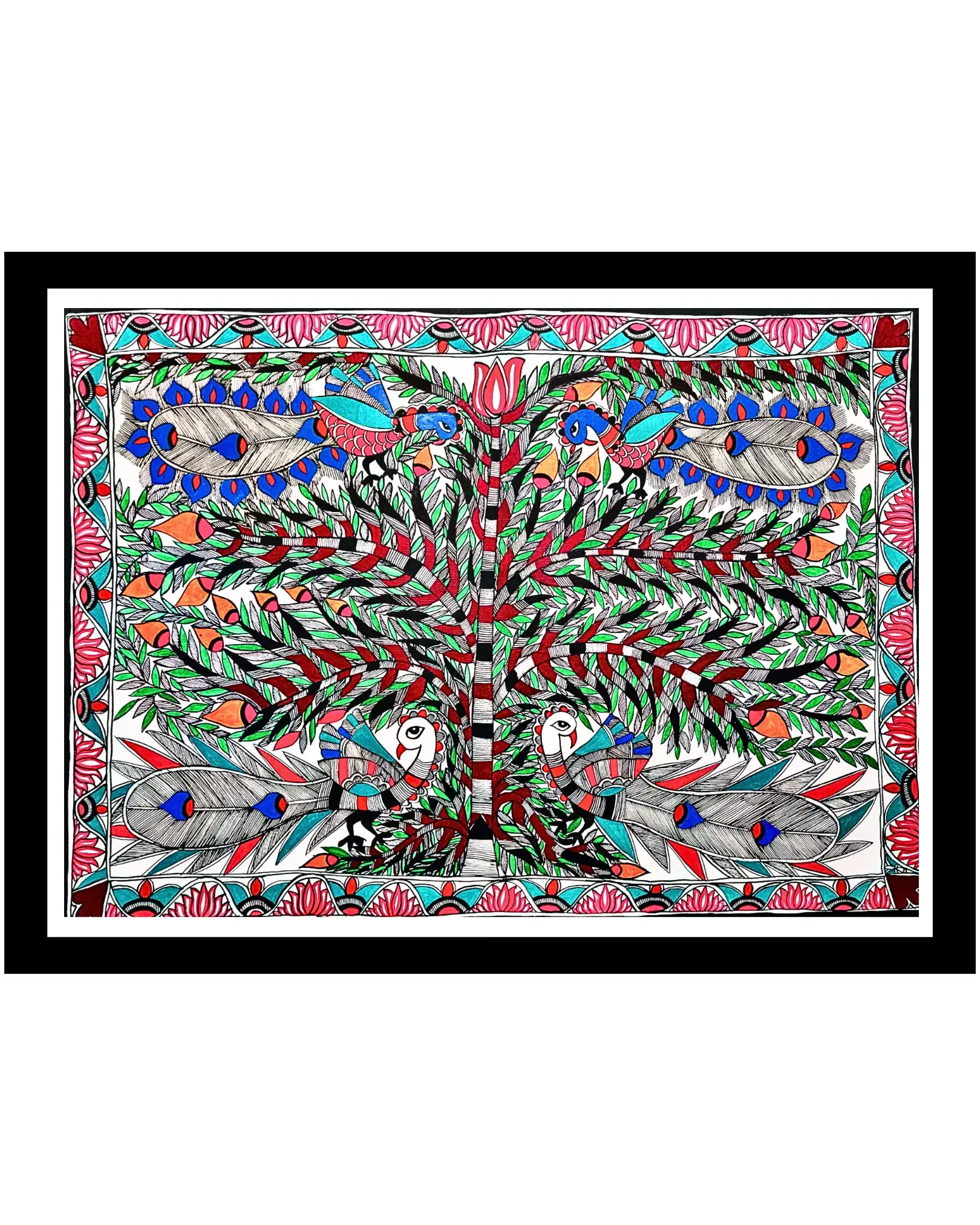 Handmade Peacocks Couple & Tree Mithila Painting – Traditional Madhubani Folk Art