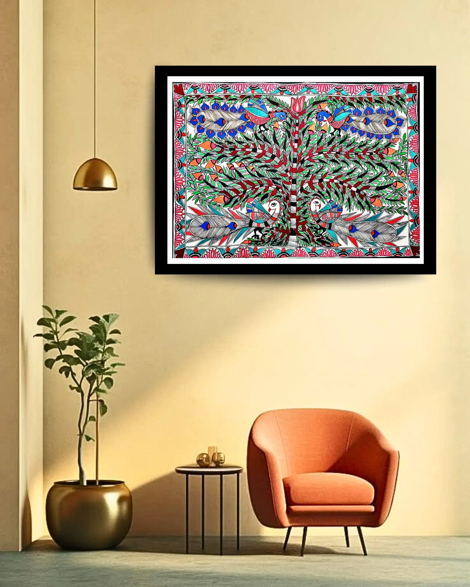 Handmade Peacocks Couple & Tree Mithila Painting – Traditional Madhubani Folk Art