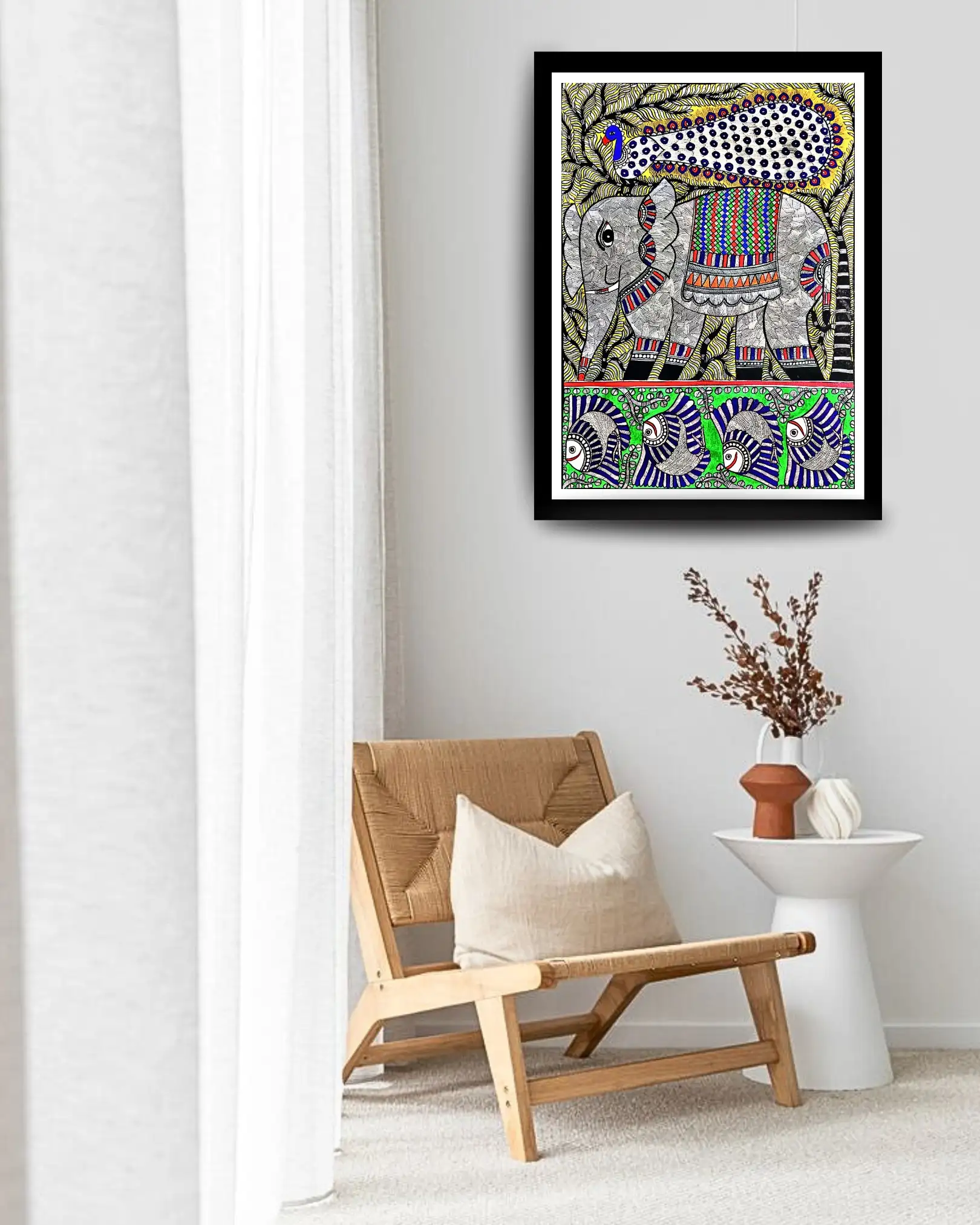 Elephant, Fish & Peacock Handmade Mithila Painting – Traditional Madhubani Folk Art