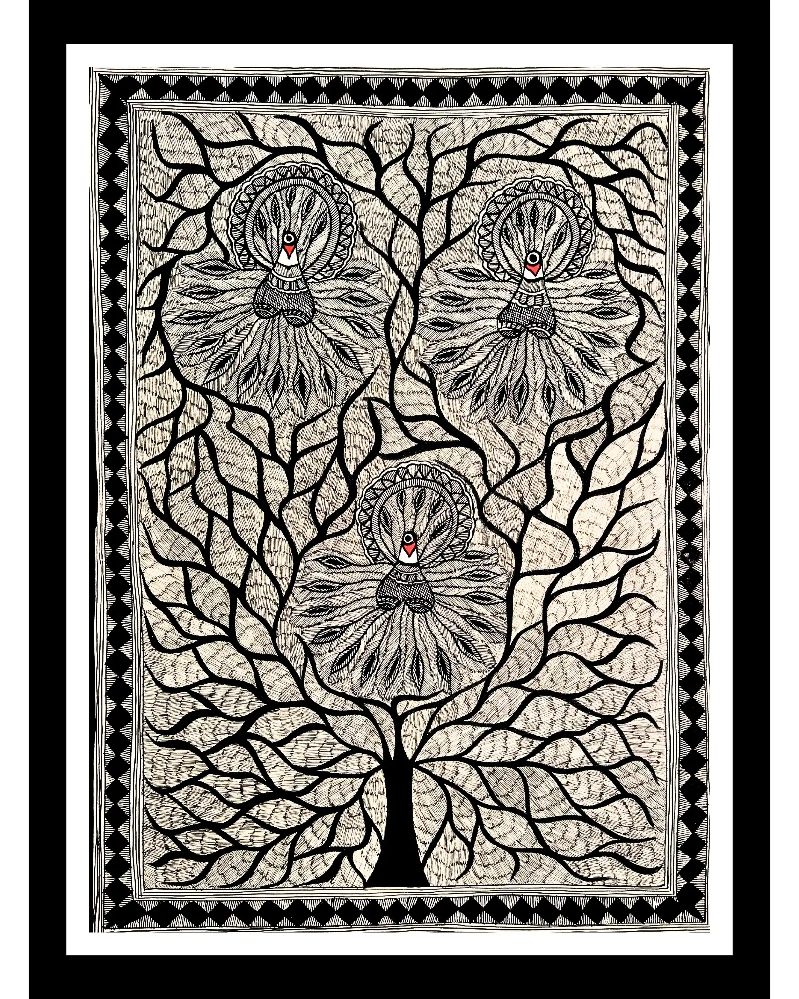 Tree & Peacock Family Handmade Mithila Painting – Traditional Madhubani Folk Art