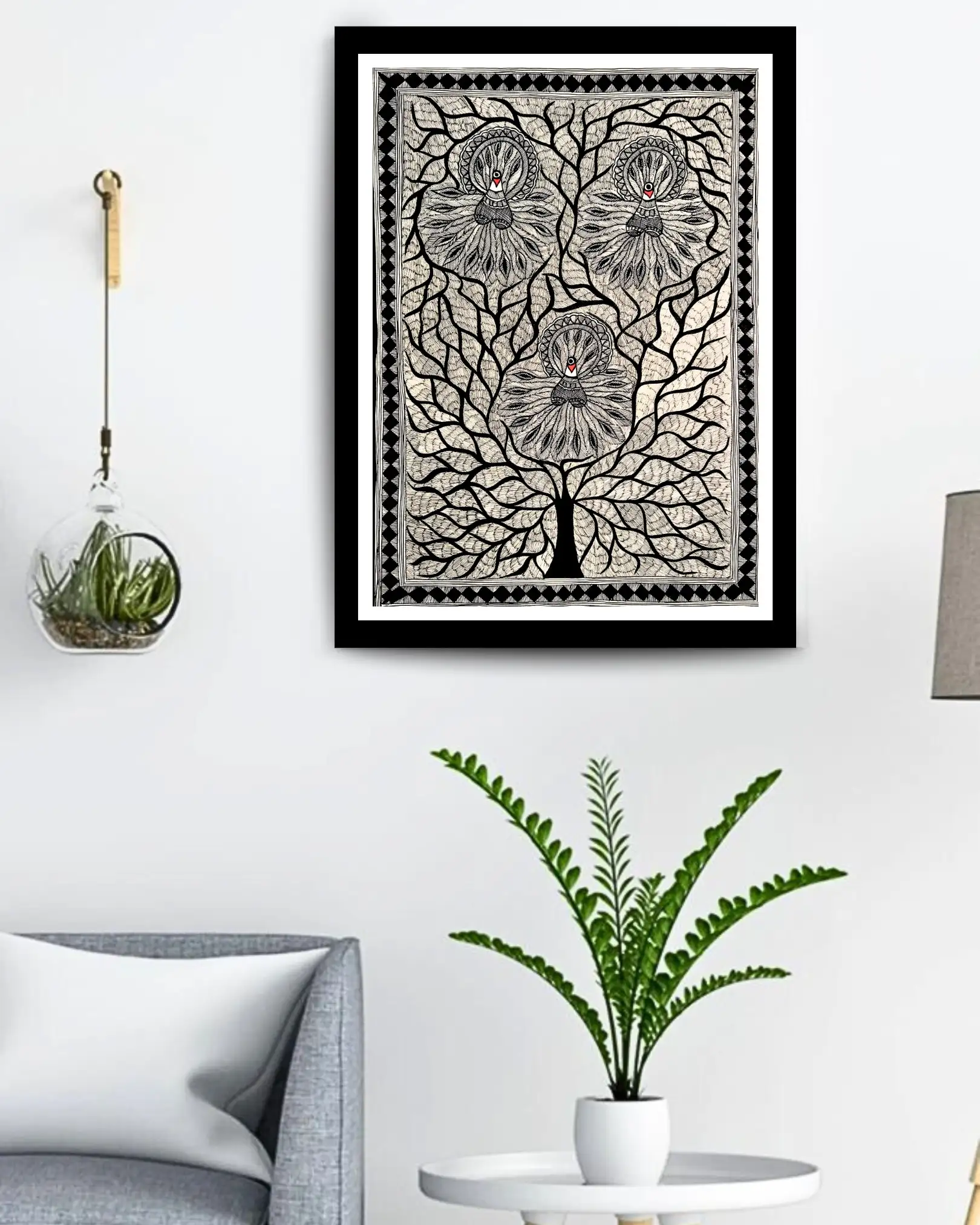 Tree & Peacock Family Handmade Mithila Painting – Traditional Madhubani Folk Art