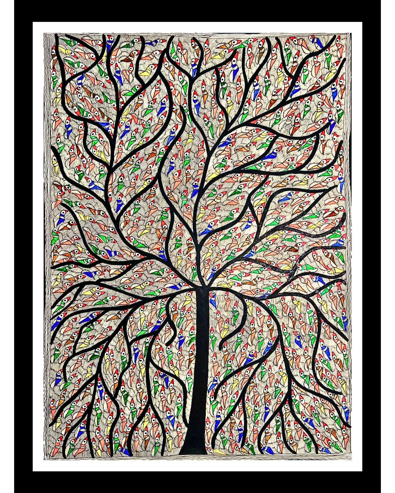 Tree & Birds Handmade Mithila Painting – Traditional Madhubani Folk Art
