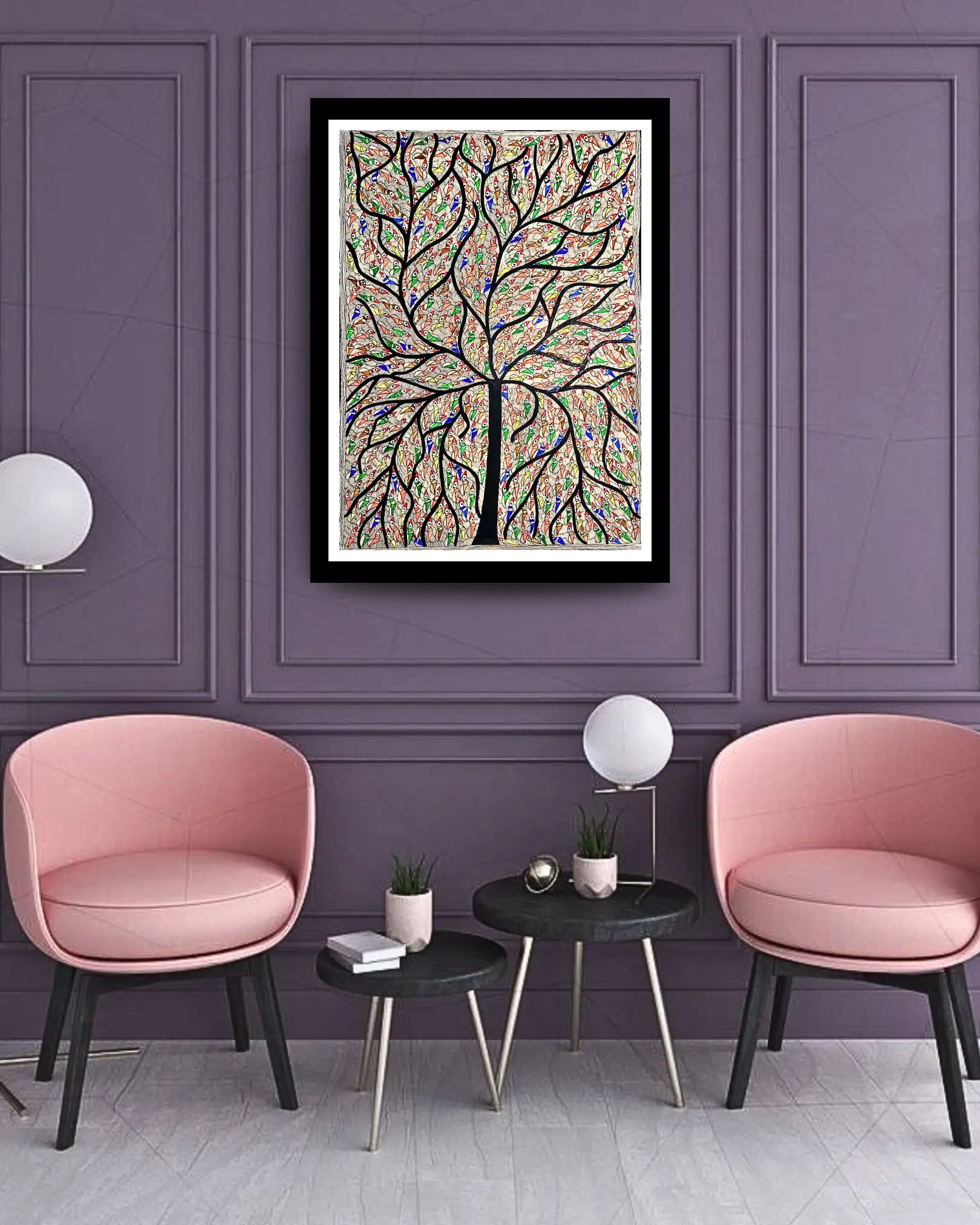 Tree & Birds Handmade Mithila Painting – Traditional Madhubani Folk Art