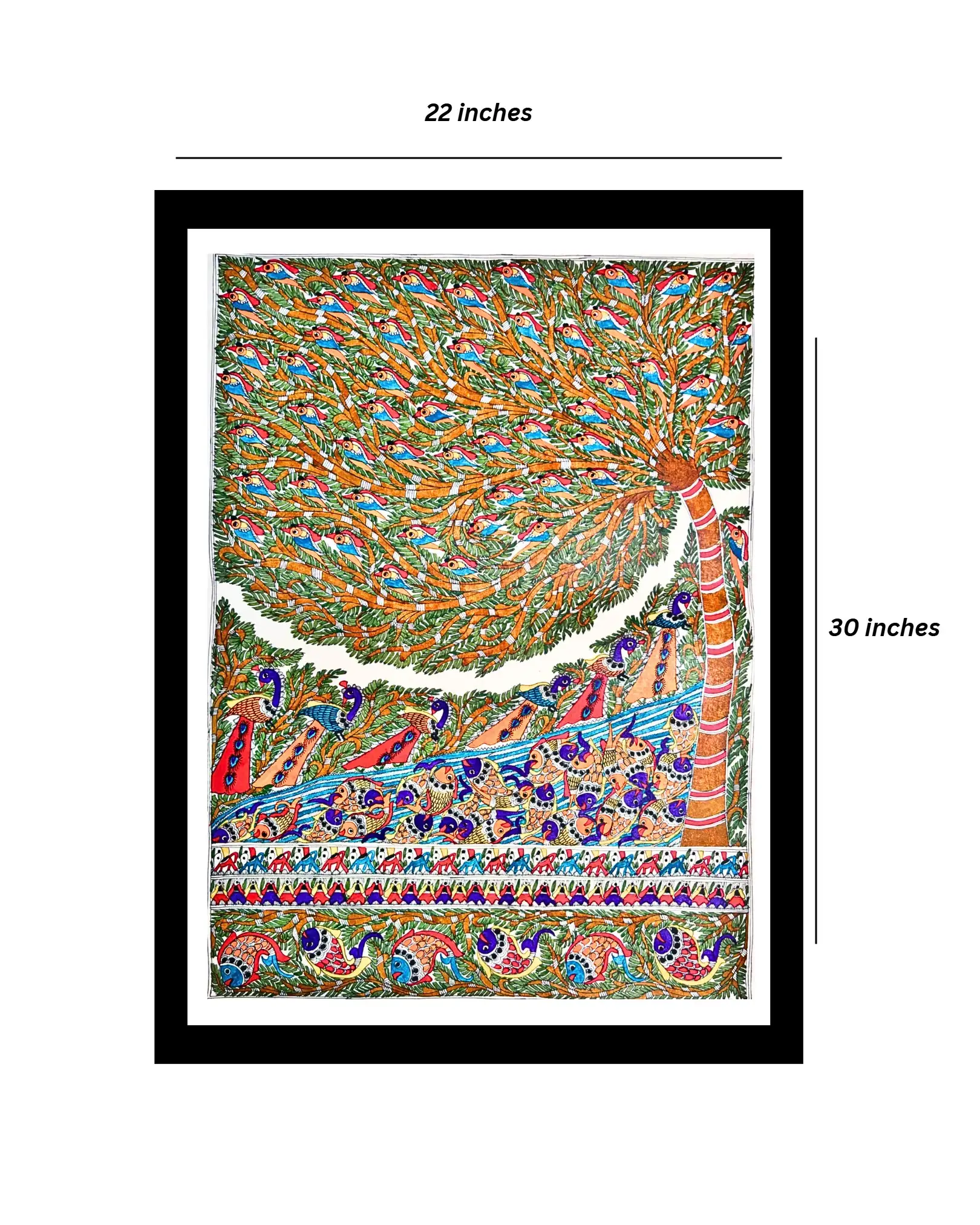 Peacocks, Fish & Tree Handmade Madhubani Painting – Traditional Mithila Folk Art