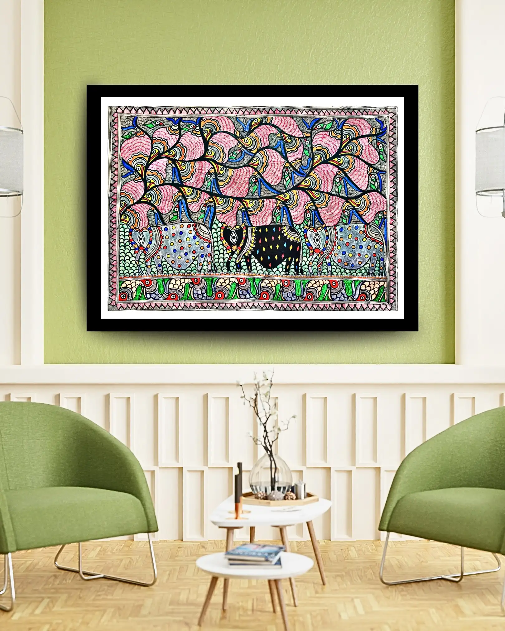 Elephants & Fishes Handmade Madhubani Painting – Traditional Mithila Folk Art