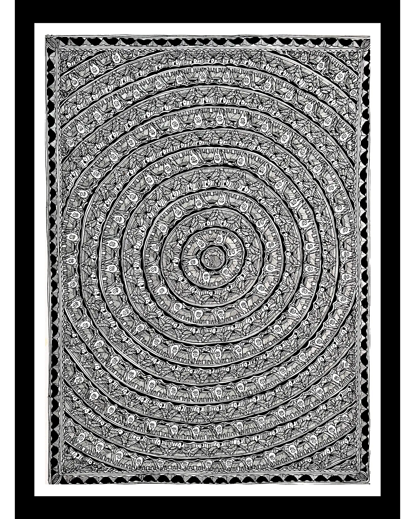 Black & White Godna Elephant Chain Handmade Madhubani Painting – Traditional Mithila Folk Art