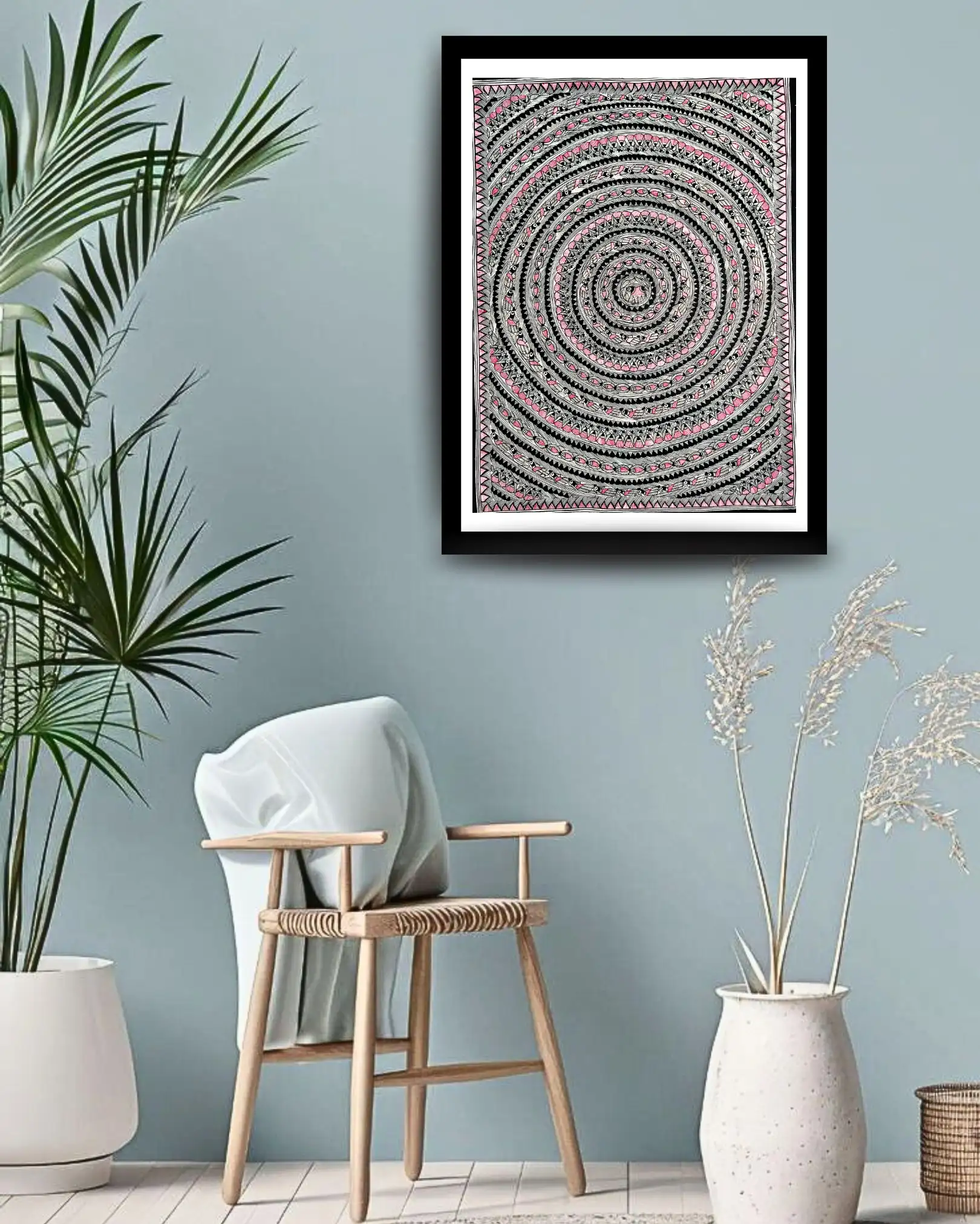 Godna Style Fish & Bird Chain Handmade Madhubani Painting – Traditional Mithila Folk Art