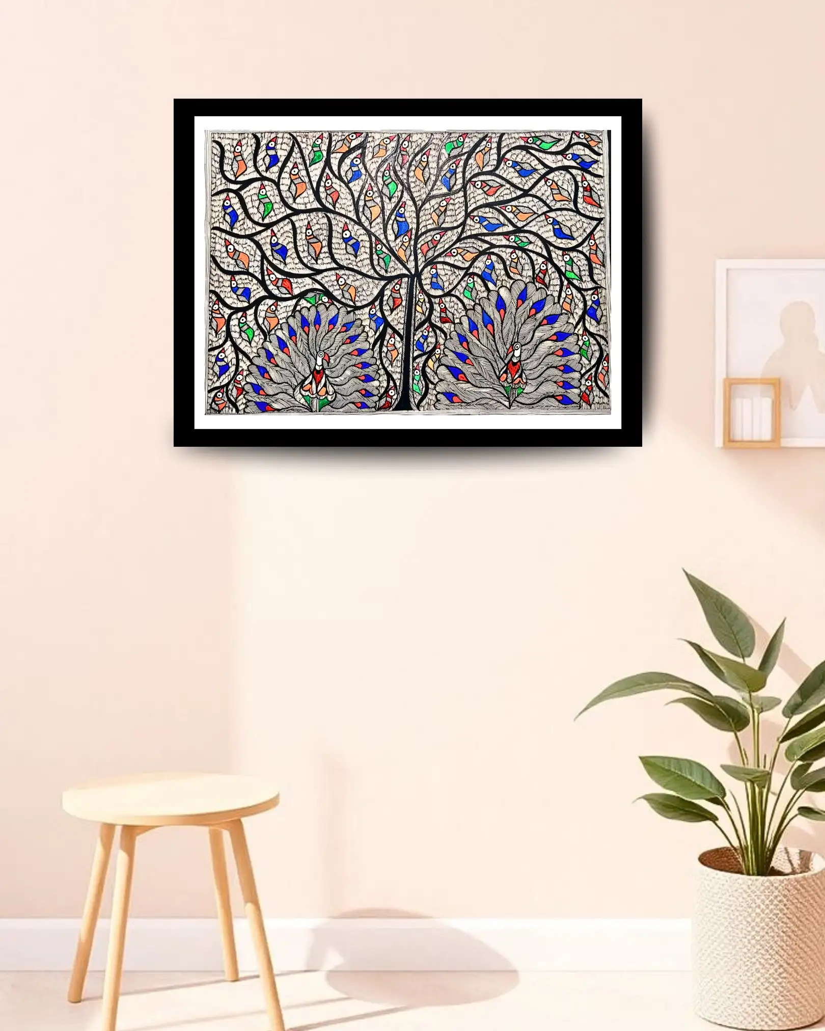 Peacock Couple, Birds & Tree Handmade Madhubani Painting – Traditional Mithila Folk Art