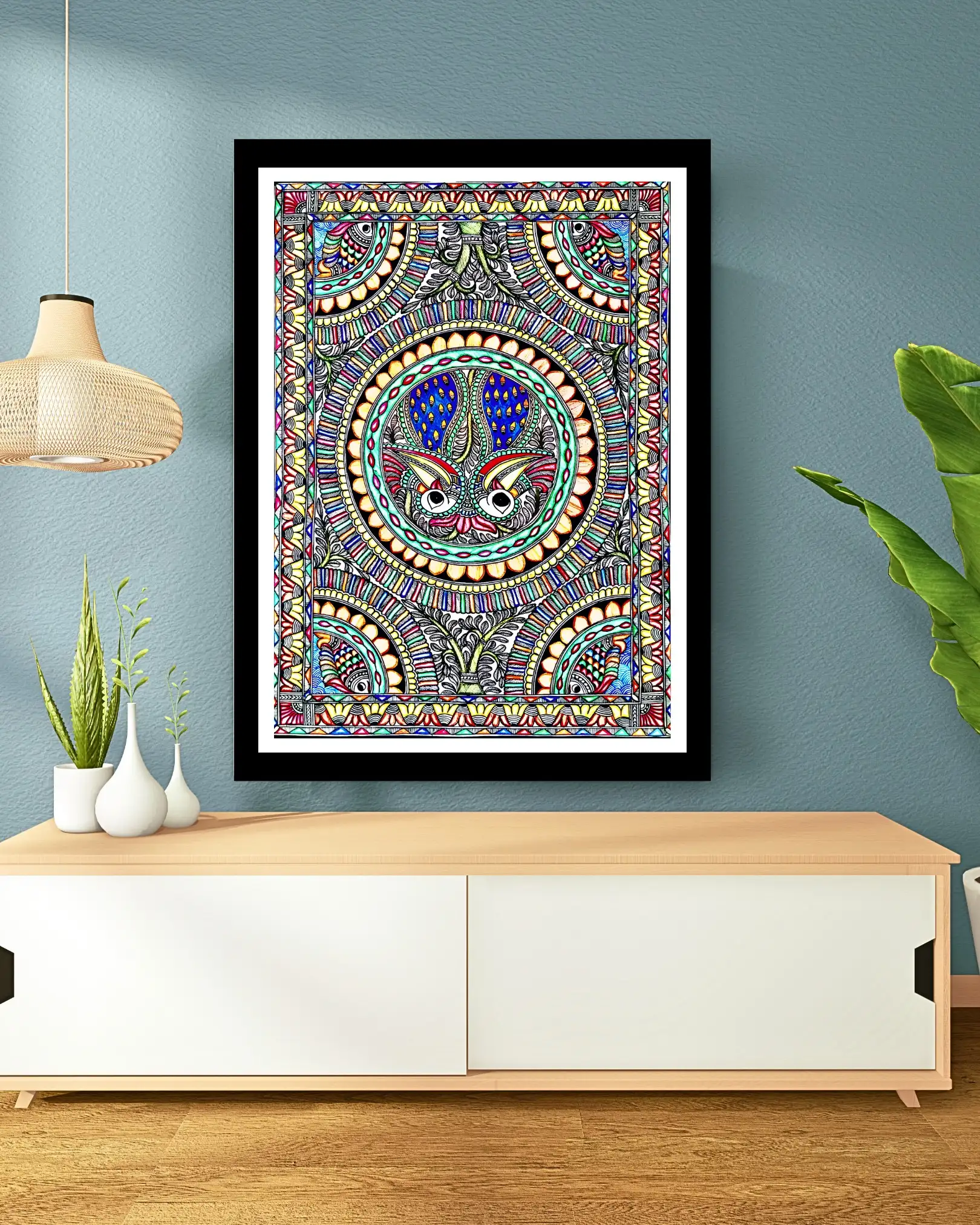 Peacock & Fishes Handmade Madhubani Painting – Traditional Mithila Folk Art 