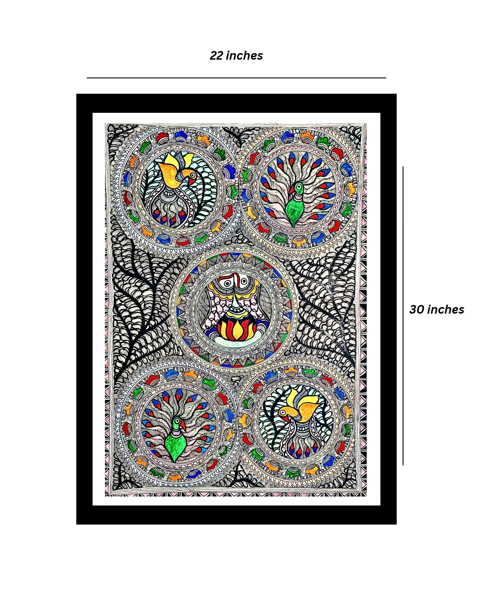 Peacock & Fishes Mithila Art Handmade Painting – 22x30 Inches, Unframed