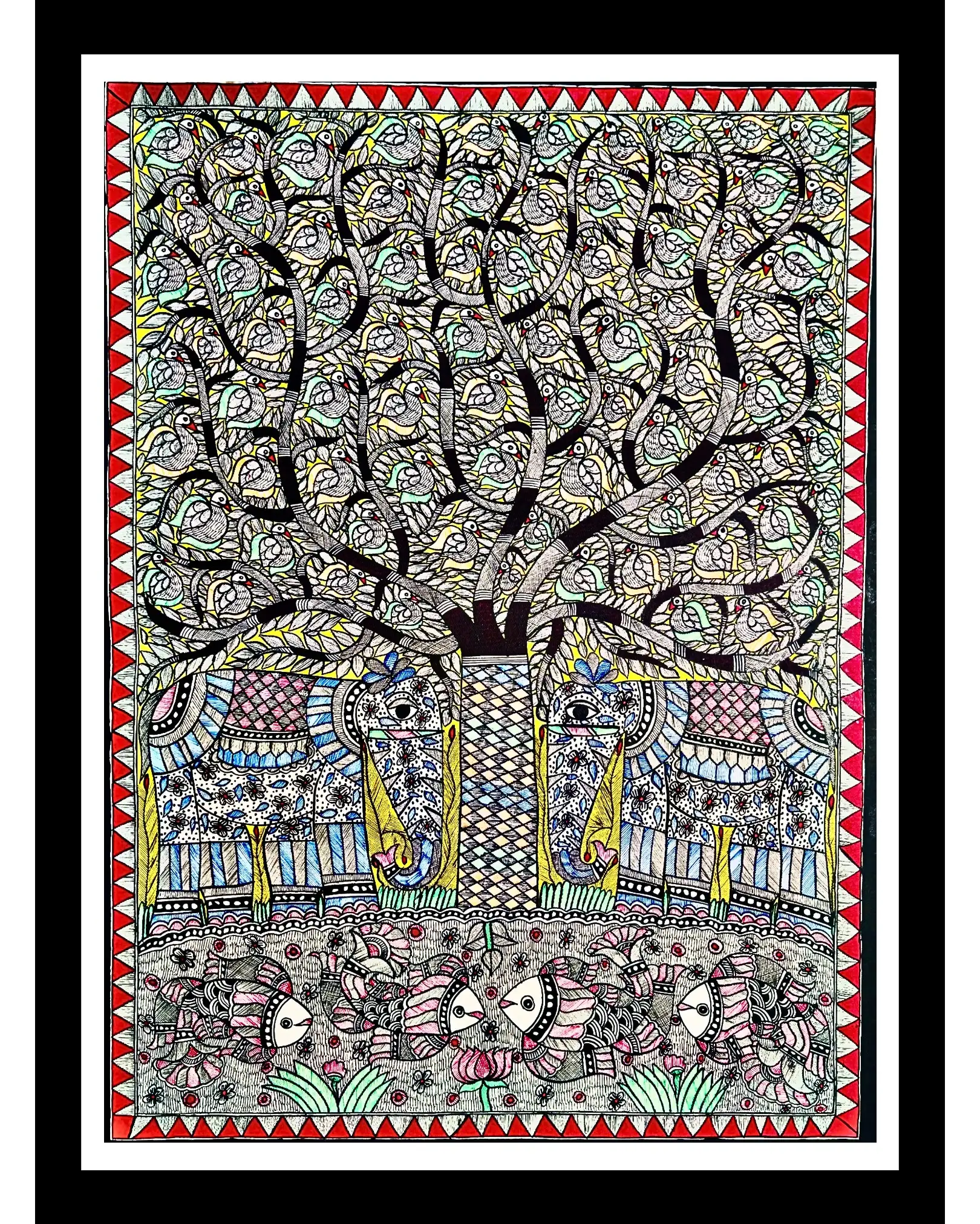 Elephant, Fish & Tree Handmade Madhubani Painting – 22x30 Inches, Unframed Mithila Art