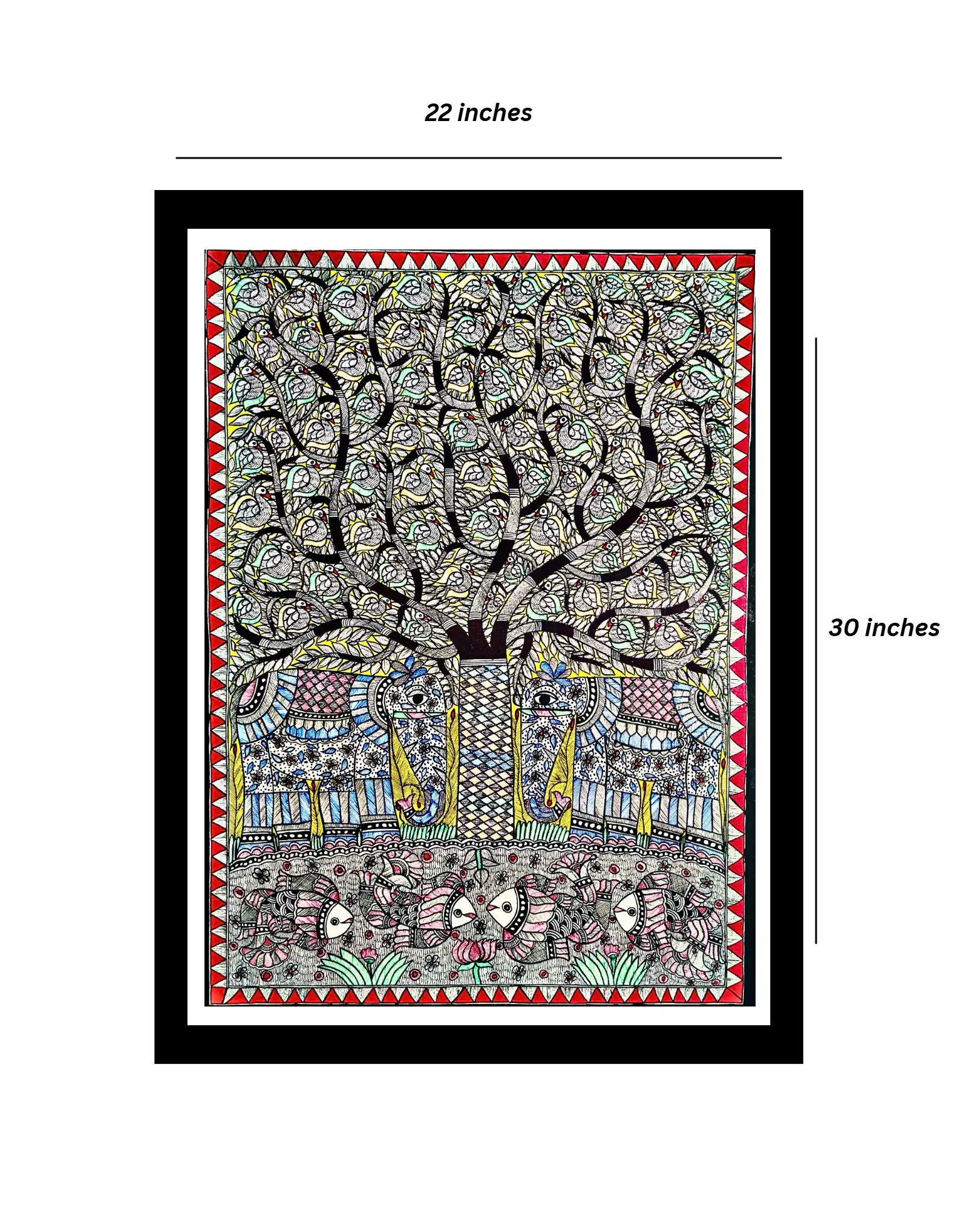 Elephant, Fish & Tree Handmade Madhubani Painting – 22x30 Inches, Unframed Mithila Art